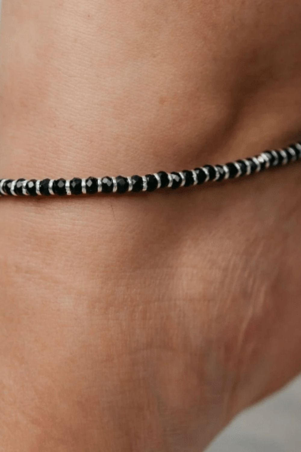 Black Sterling Silver Black Bead Chain Summer Indie Silver Indian Payal Emo Anklet, Image 2 of 3
