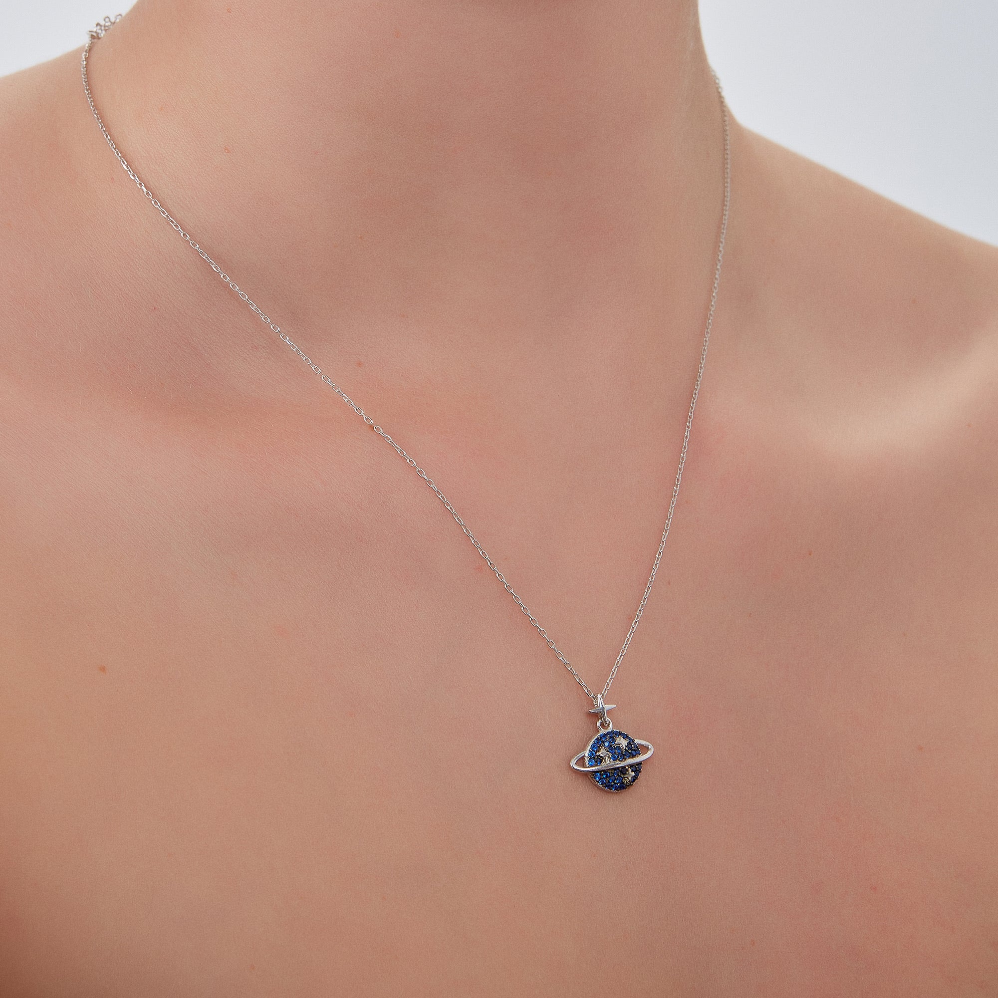 Silver Blue Saturn Jewelled Sterling Silver Necklace, Image 2 of 5
