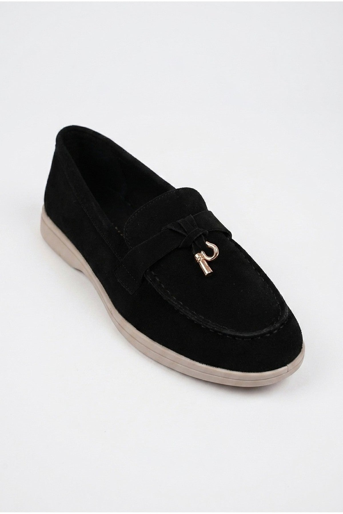Black iKrush Black Camille Womens Suede Padlock Charm Loafers, Image 3 of 4