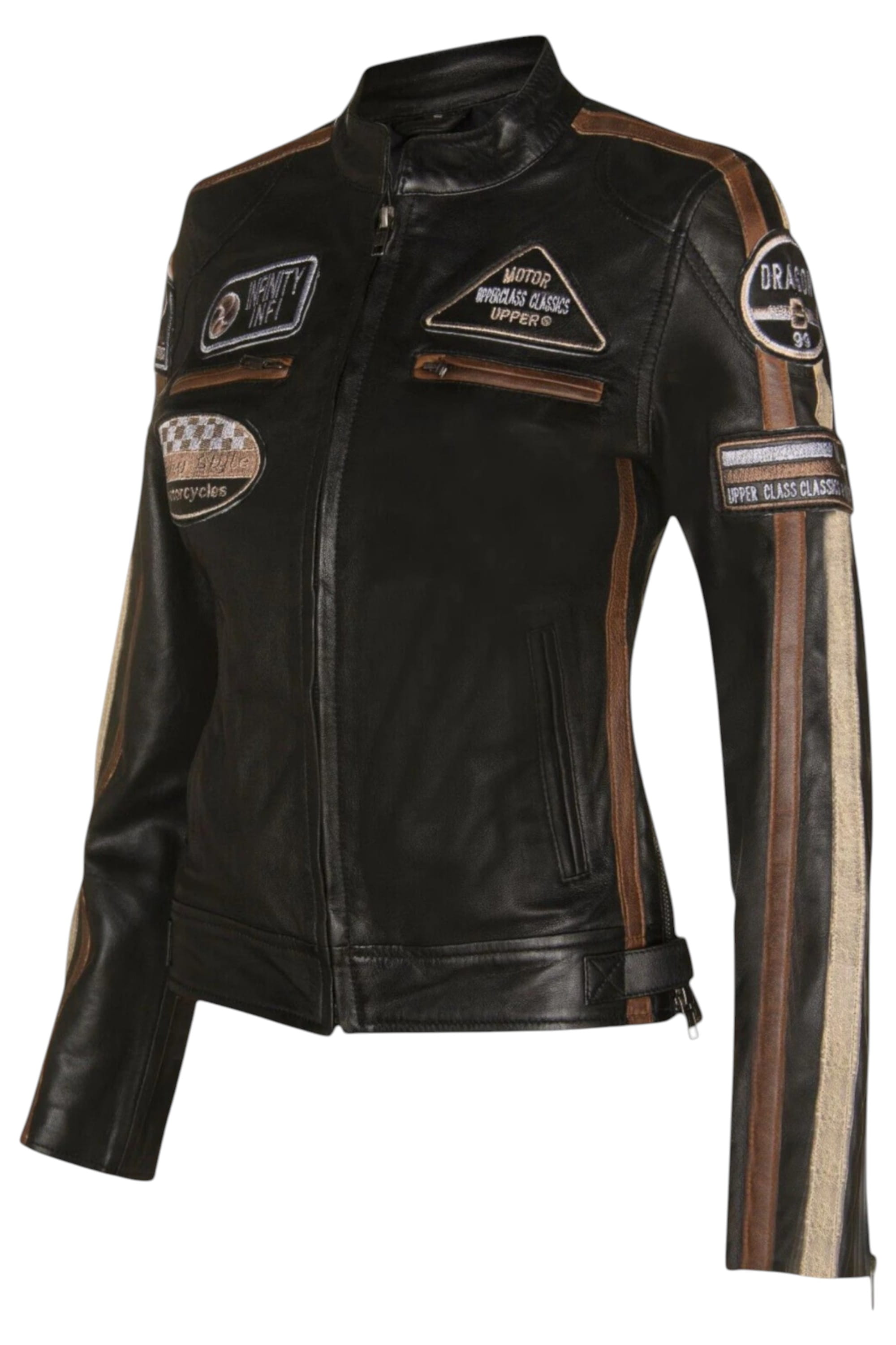 Black Leather Biker Racing Badges Jacket, Image 2 of 5