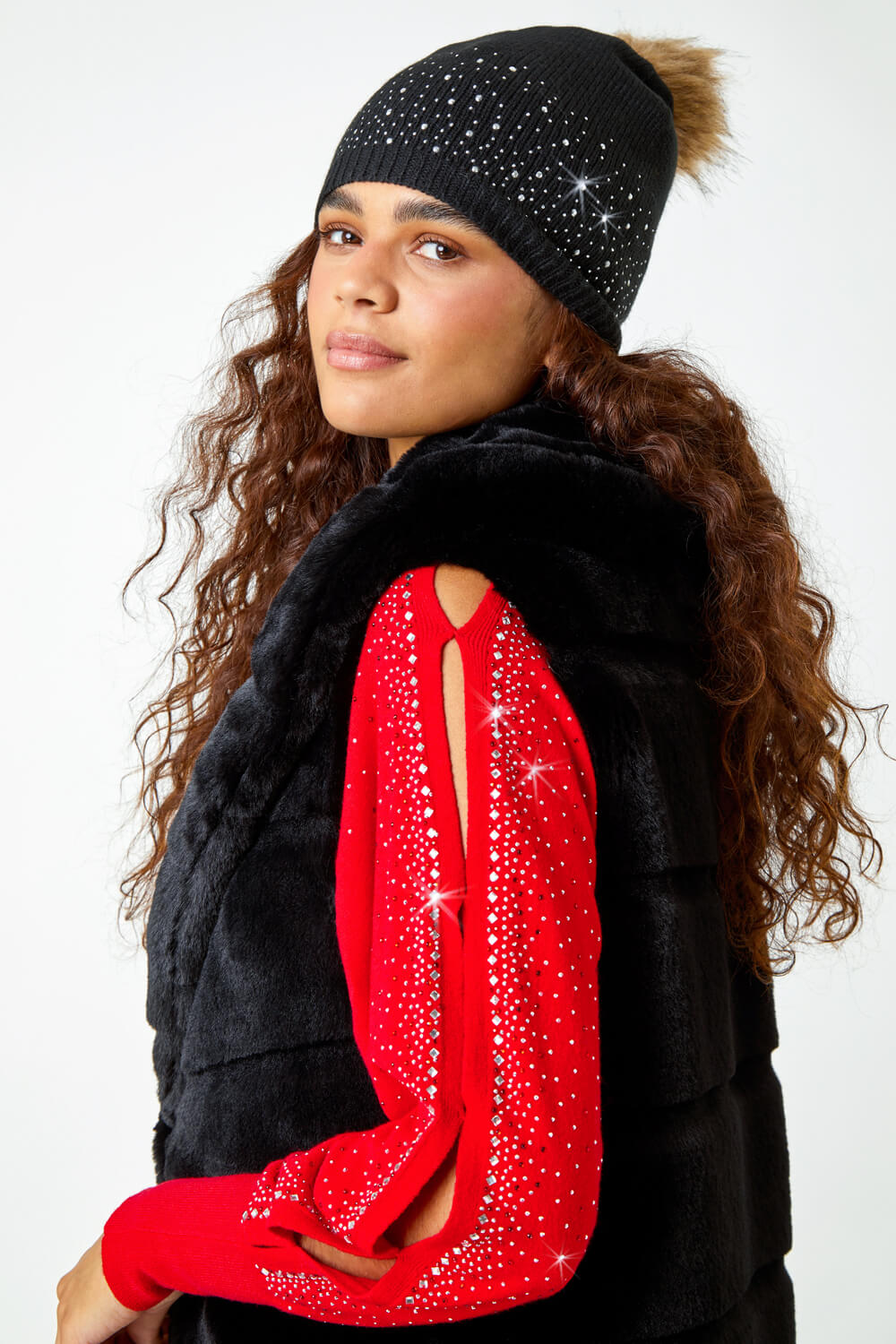 Black Diamante Pom Pom Beanie Hat, Image 5 of 5