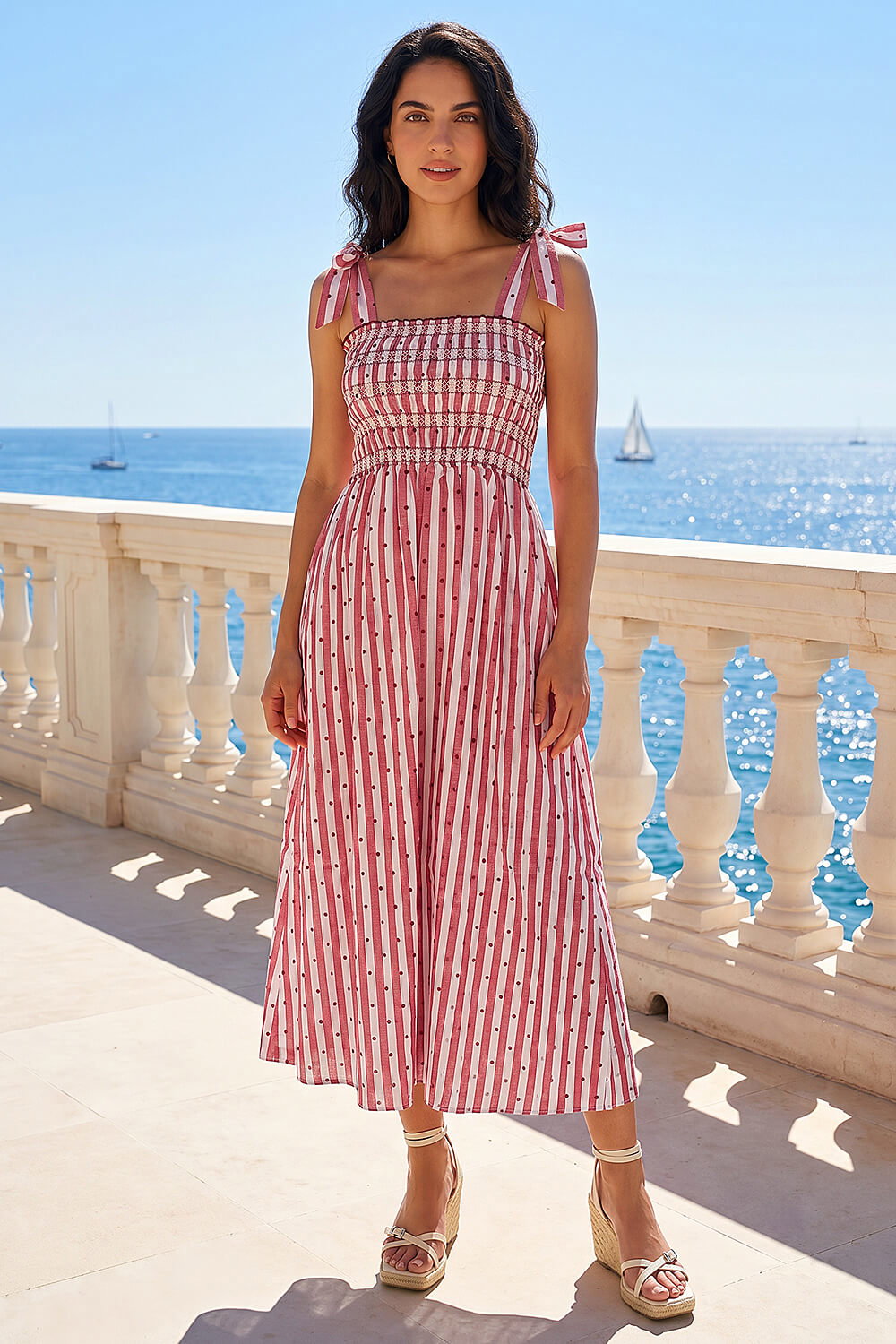 Red Dusk Polka Dot Stripe Shirred Midi Dress, Image 4 of 4