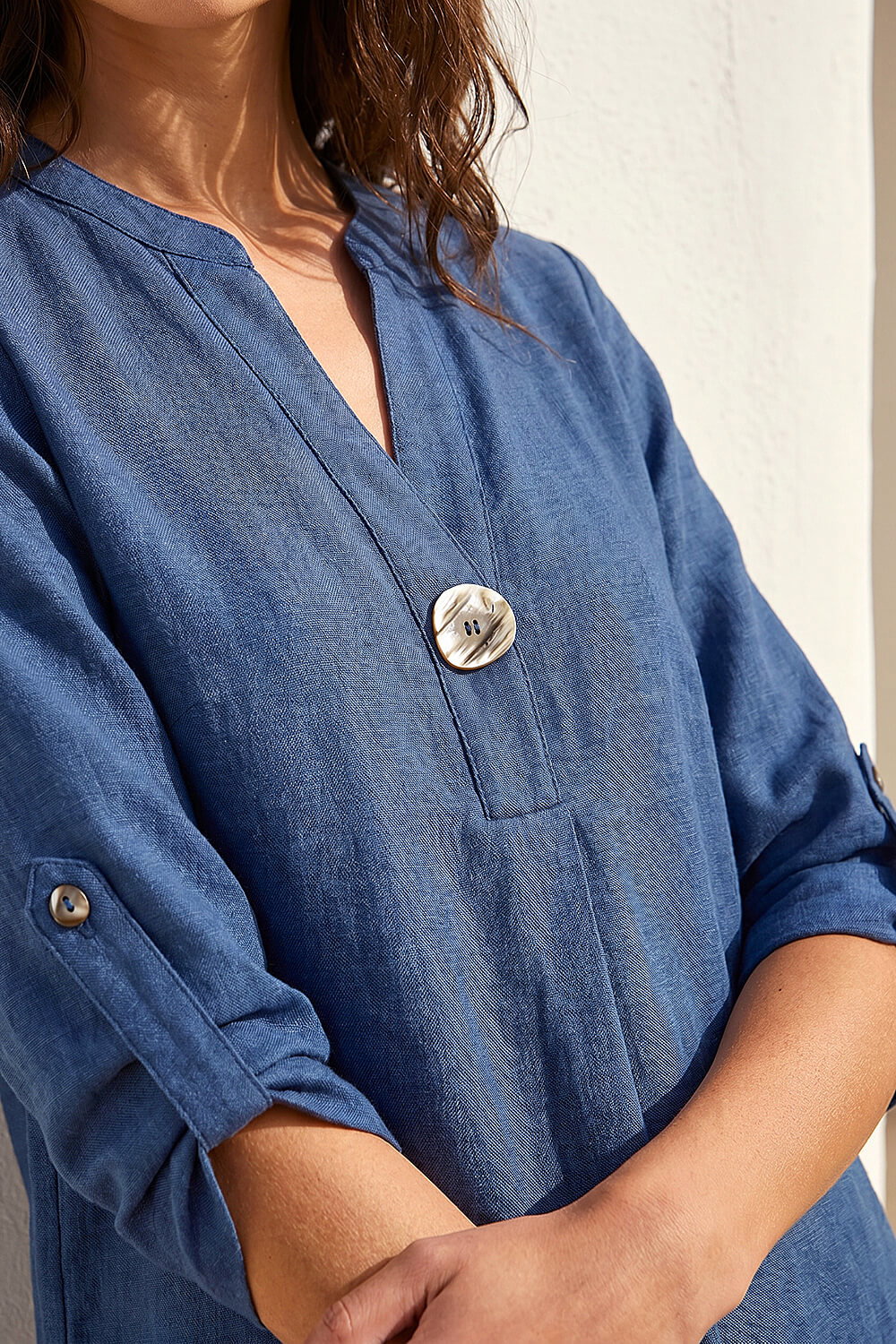 Denim Horn Button Detail Longline Top, Image 5 of 4