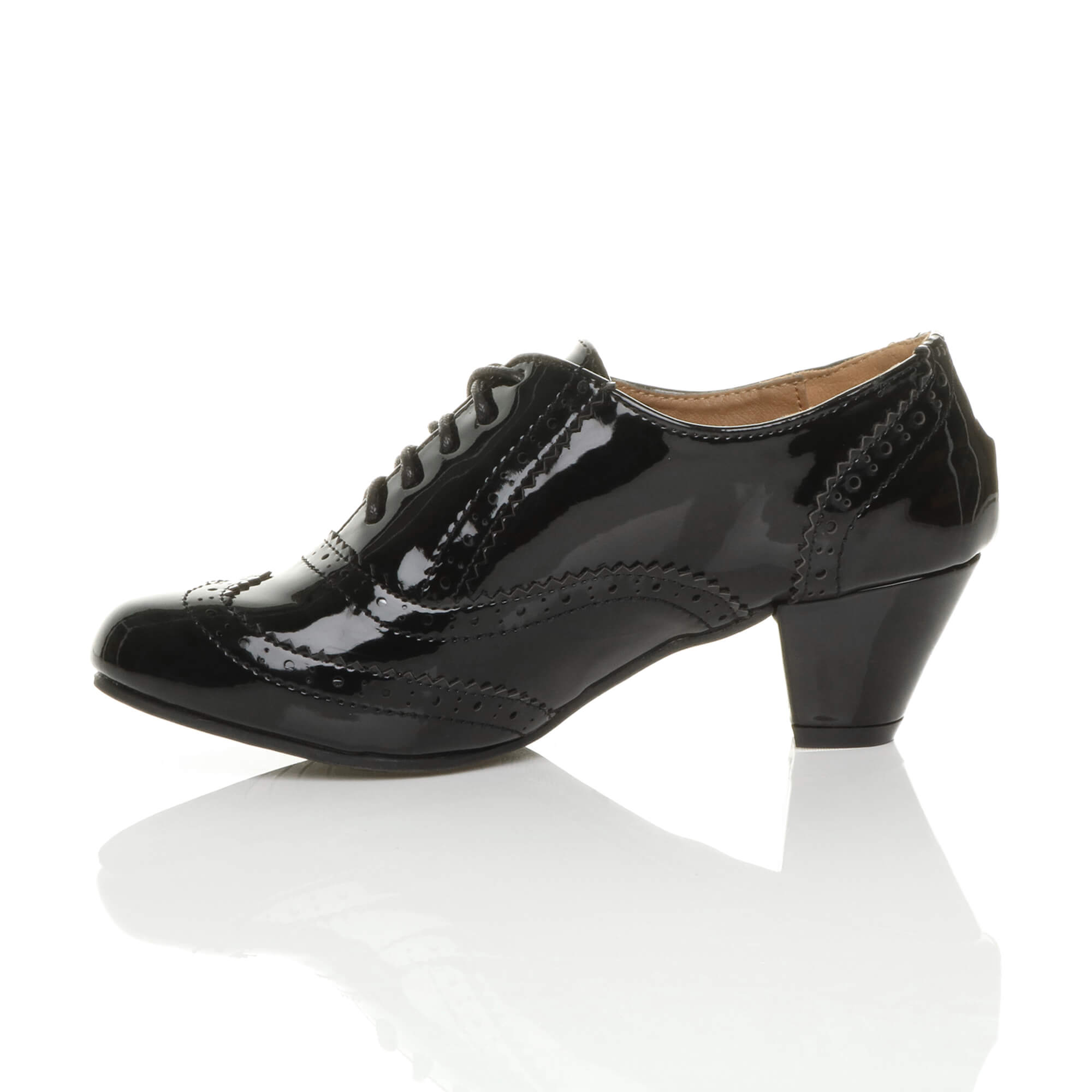Black Mid Cuban Heel Brogue Ankle Shoe Boots, Image 3 of 6