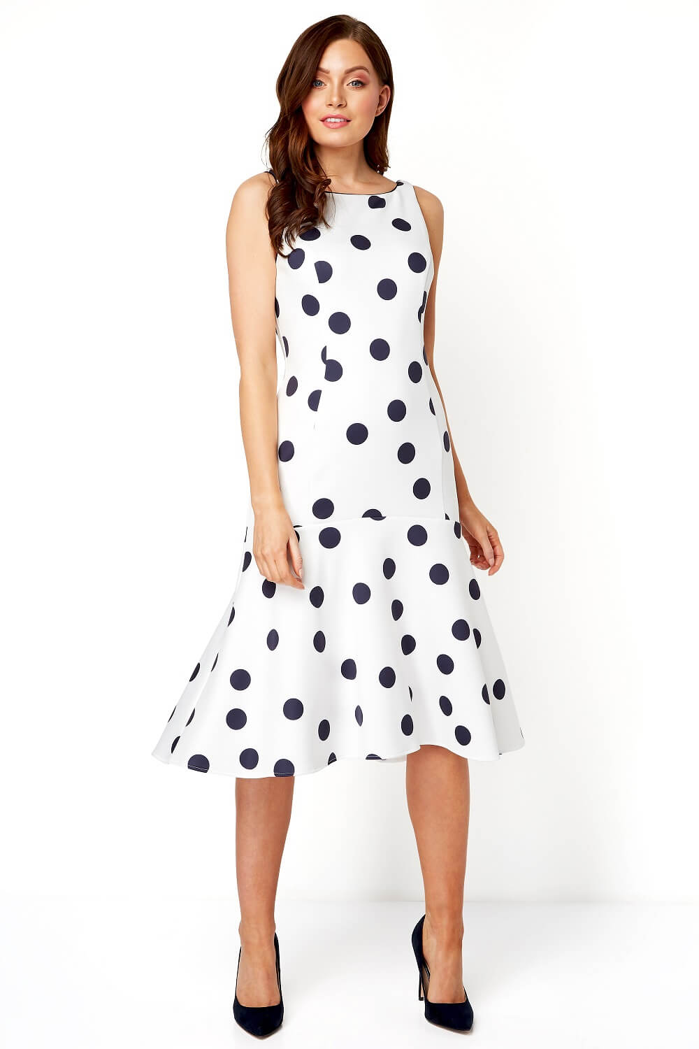 Ivory Spot Print Flute Hem Midi Dress, Image 4 of 5
