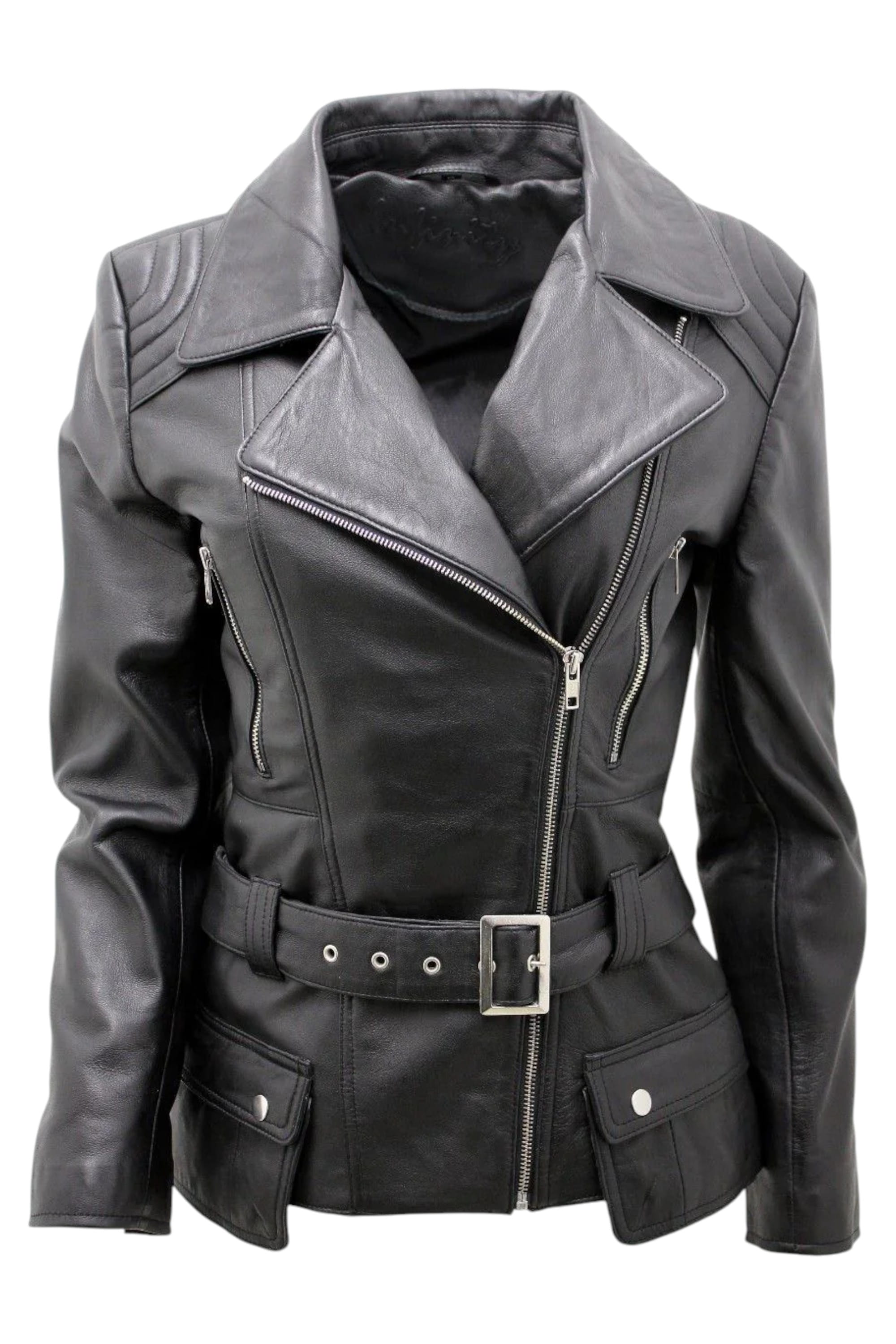 Black Womens Long Leather Biker Jacket-Quito, Image 1 of 4