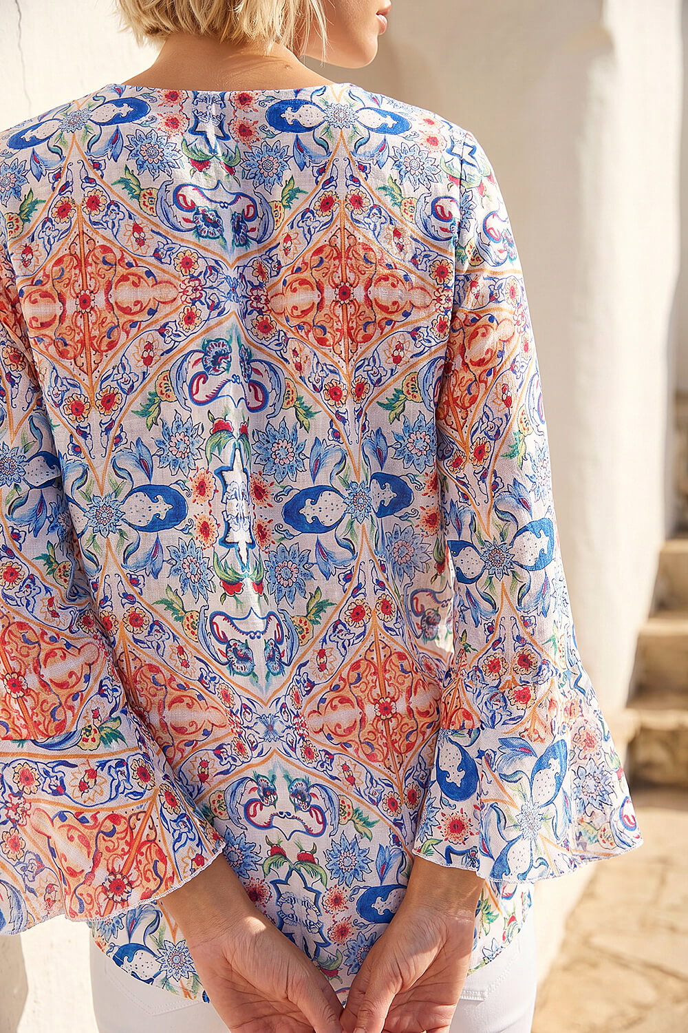 Blue Abstract Floral Frill Sleeve Top, Image 5 of 4
