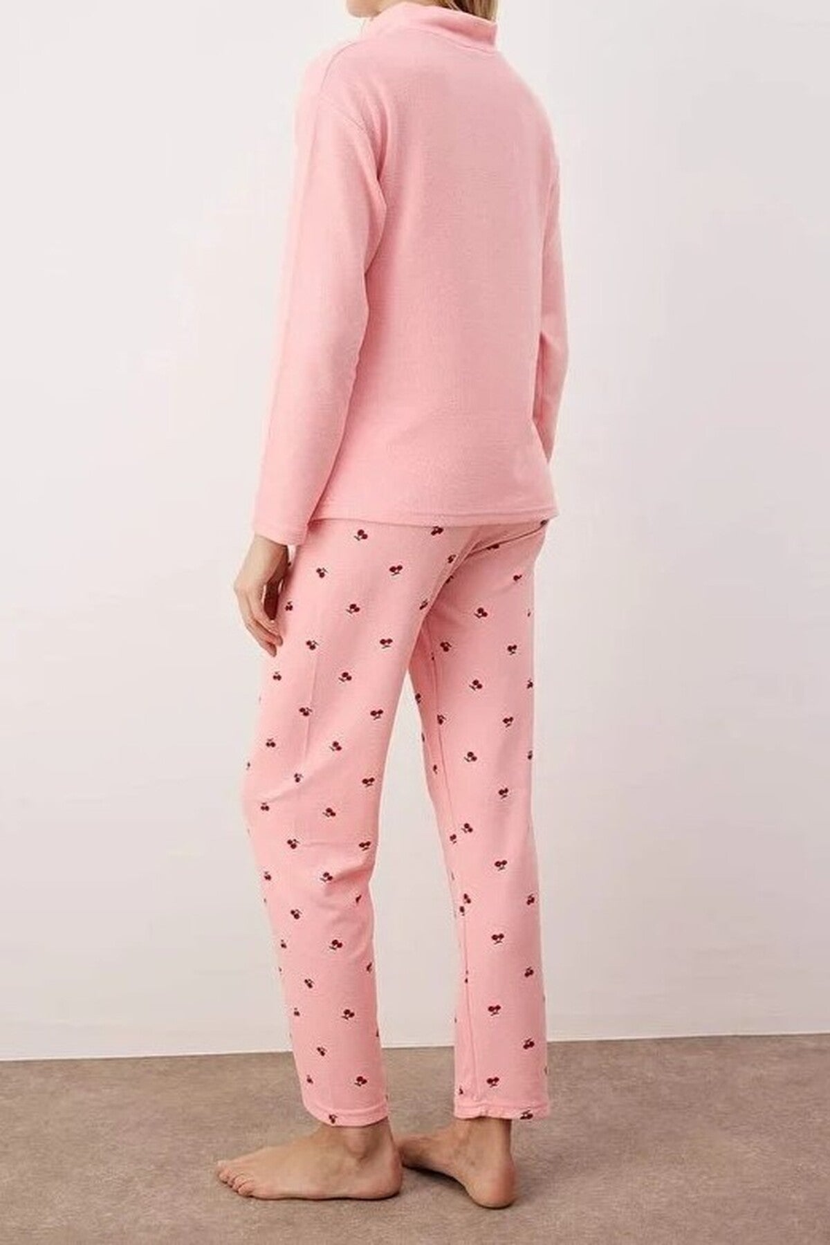 Pink WOVCOR Pink Cherry Embroidered Zip Neck Long Sleeve Waffle Knit Pyjama Set, Image 3 of 3