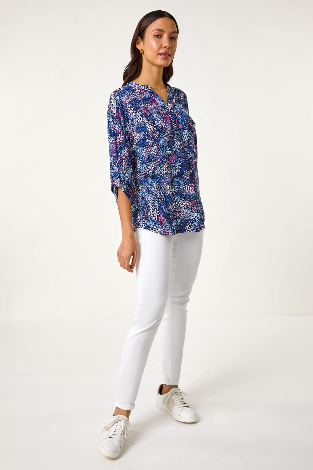 PINK Textured Abstract Print V-Neck Stretch Top, Image 3 of 5