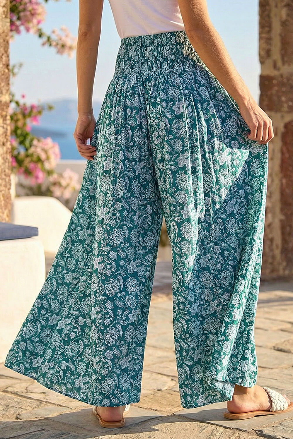 Green Floral Leaf Shirred Palazzo Stretch Trouser, Image 4 of 4