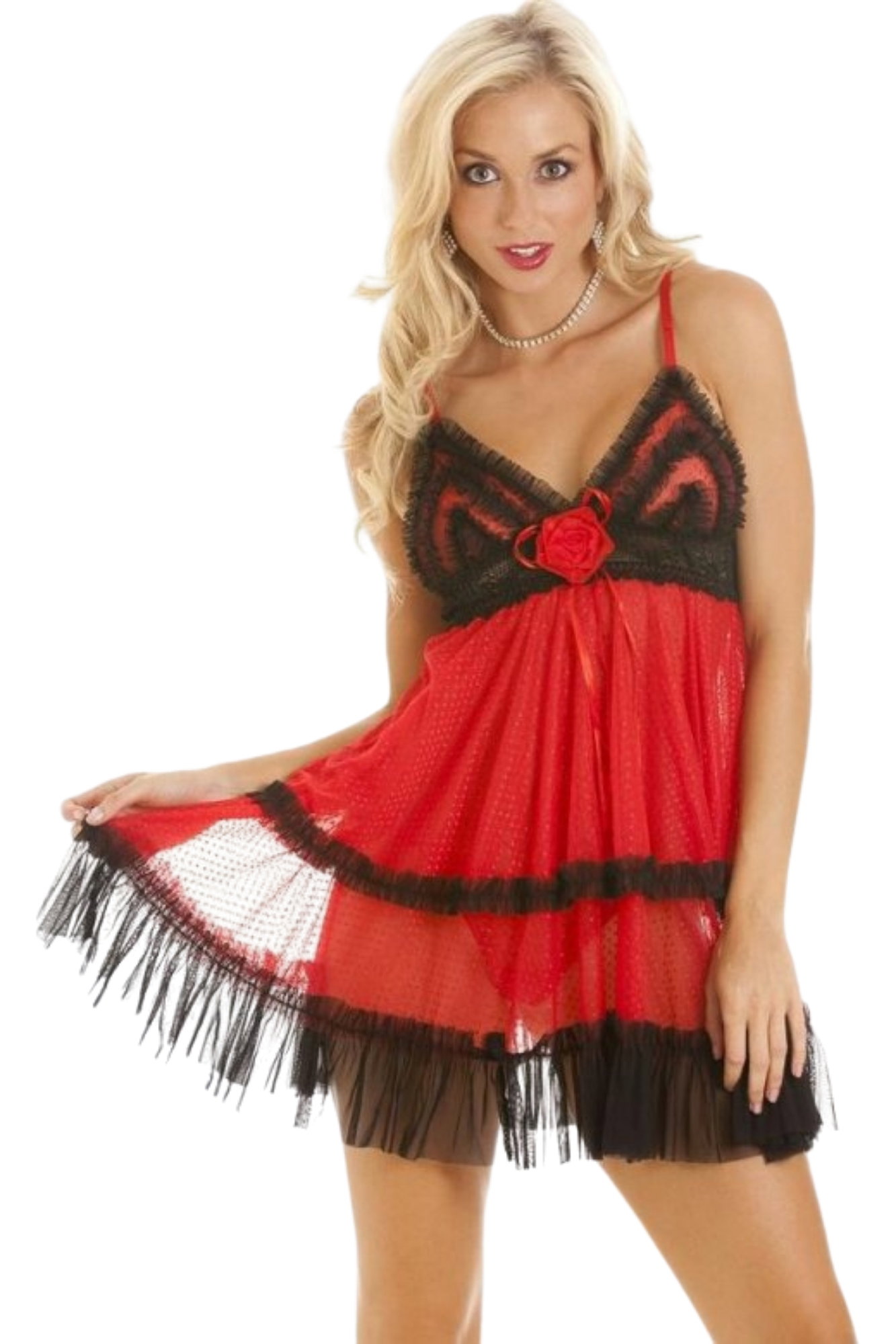 Red Sheer Mesh Babydoll With Thong, Image 4 of 5