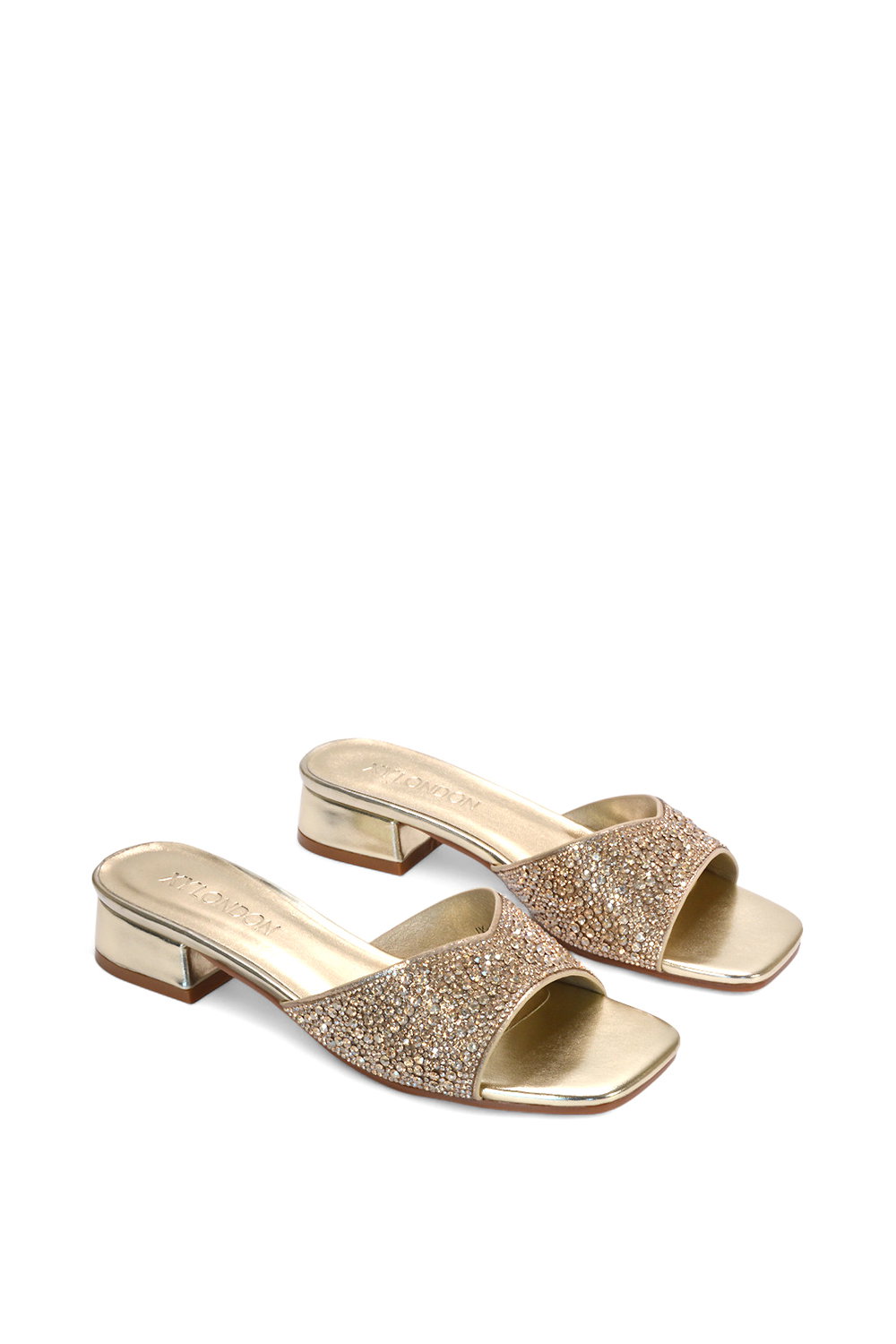Gold XY LONDON Gold 'Seren' Low Heel Sandal Mules With Diamante Details, Image 5 of 6