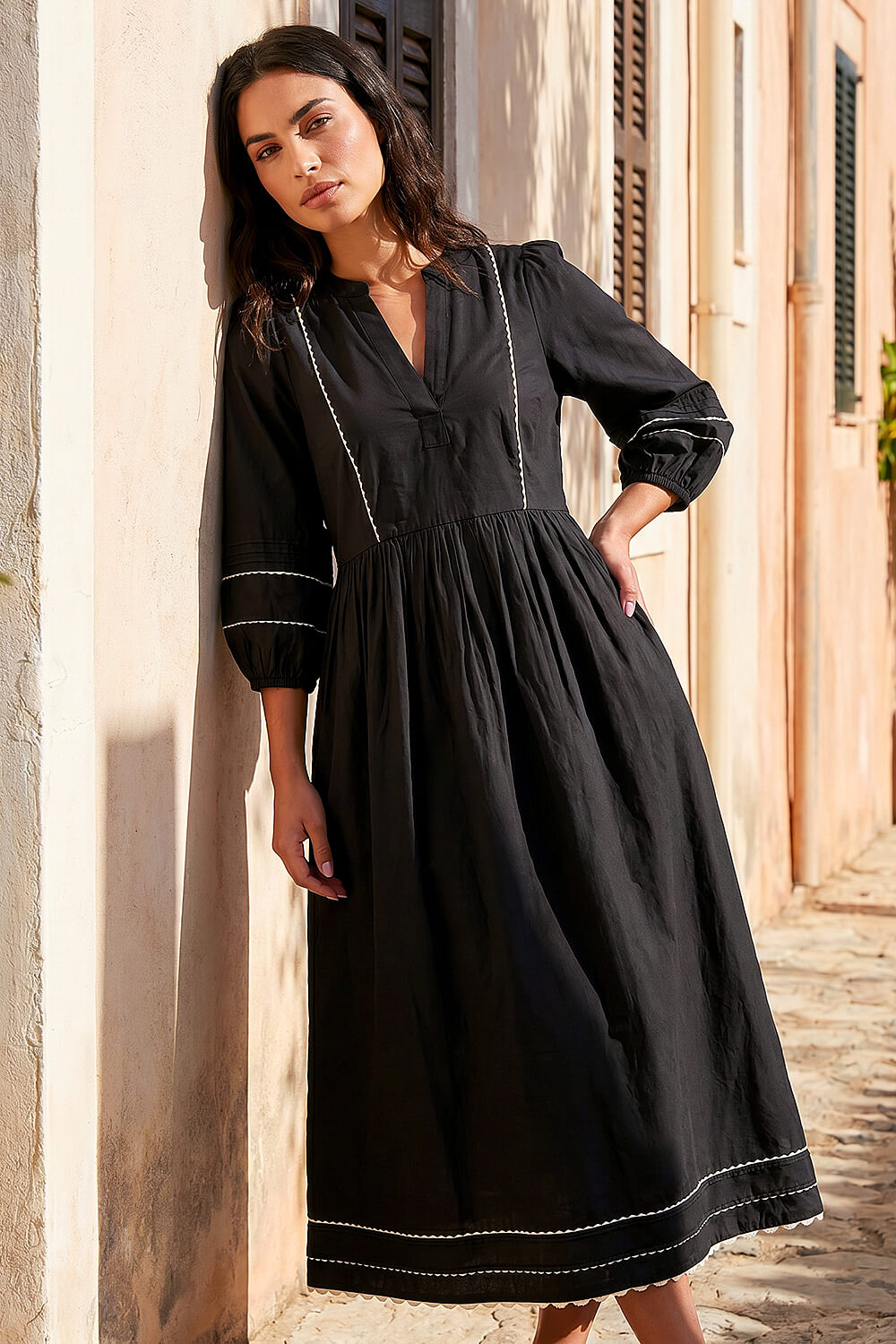 Black Ric Rac Collared Midi Dress, Image 1 of 4