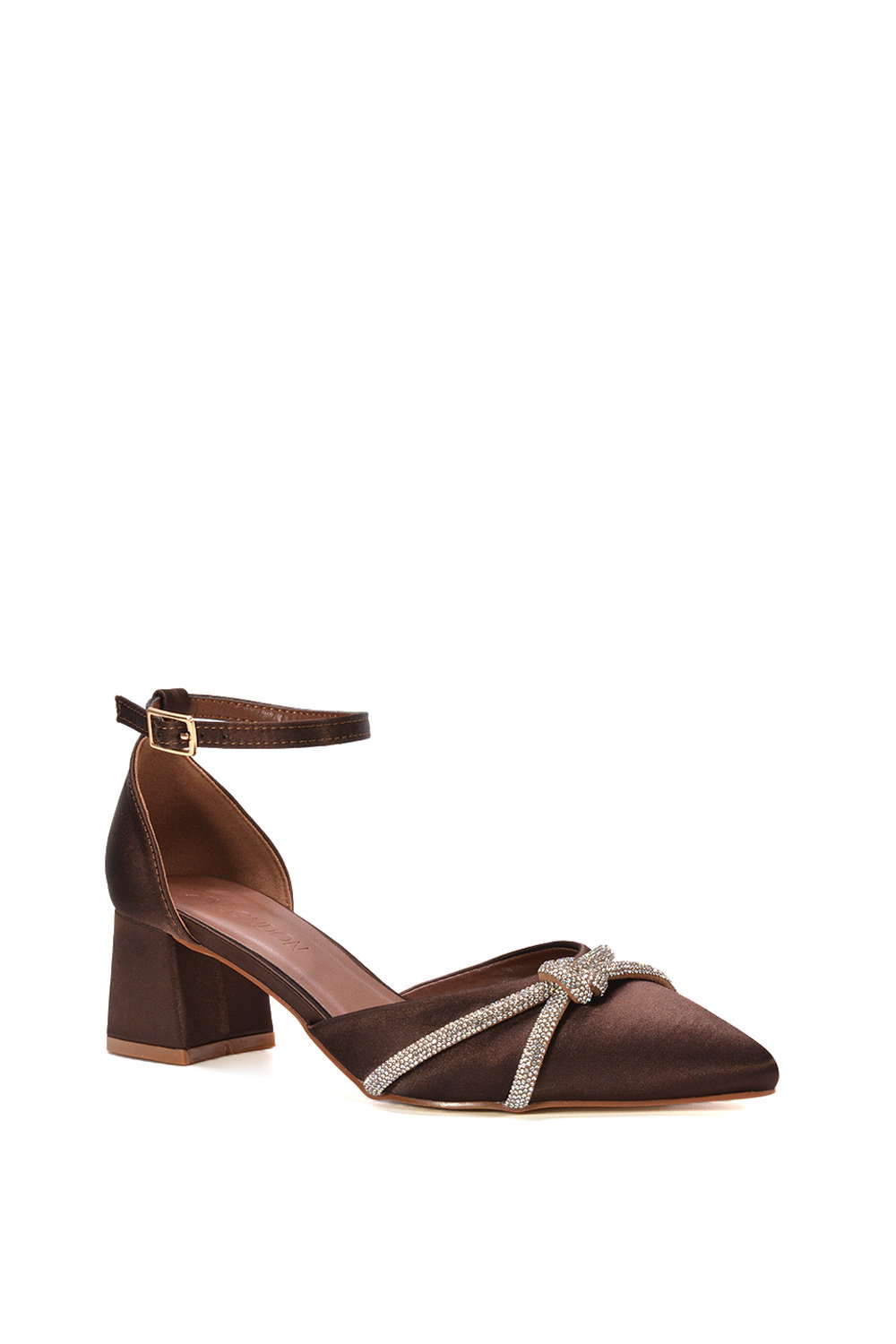 Brown XY LONDON Brown 'Sarah' Ankle Strap Pointed Toe Diamante Mid Block Heels, Image 2 of 6