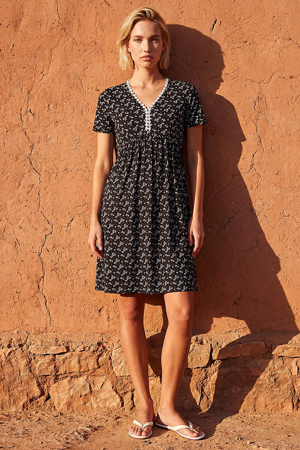 Black Ditsy Floral Print Trim Dress, Image 3 of 4