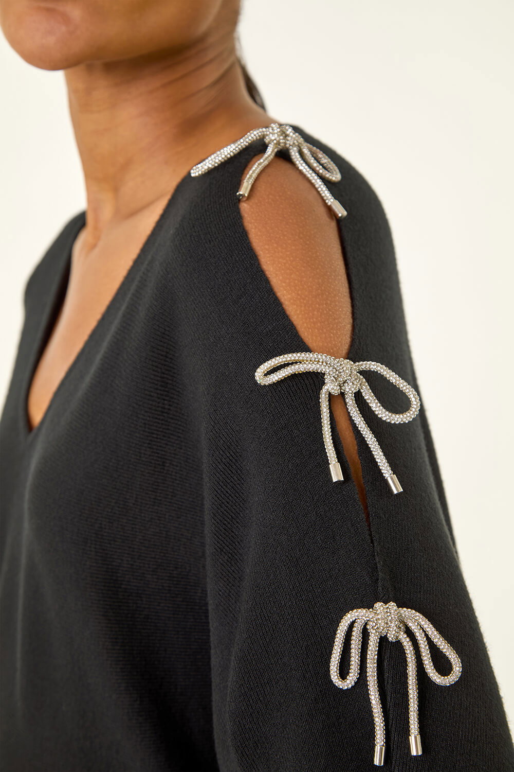 Black Bow Sleeve V-Neck Knit Jumper, Image 6 of 5