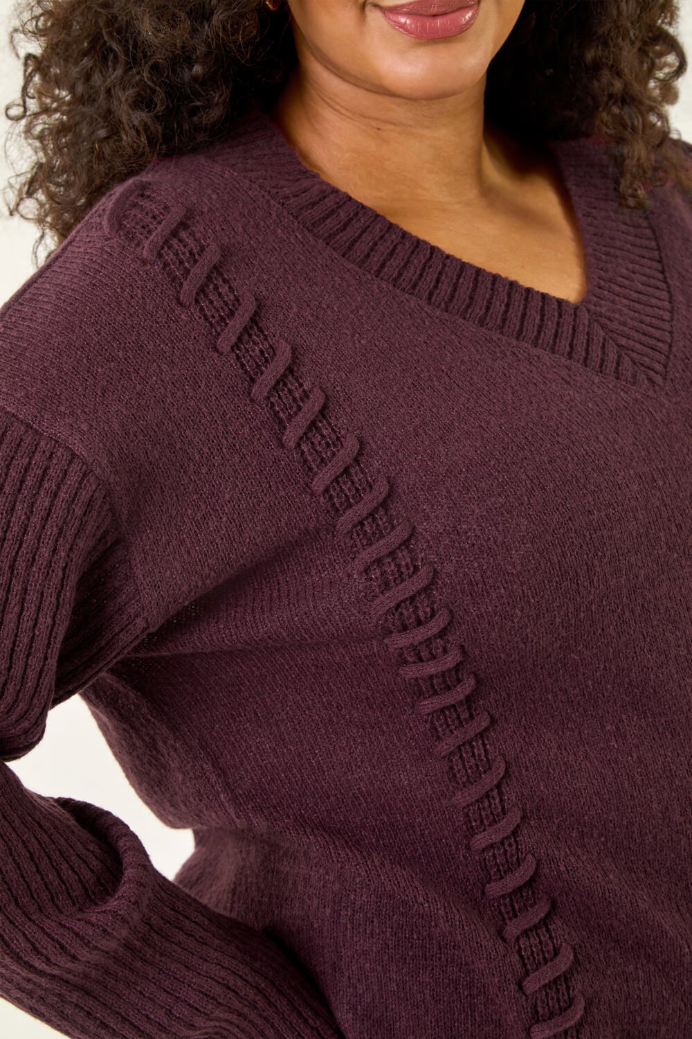 Plum Curve Stitch V-Neck Knit Jumper, Image 6 of 7