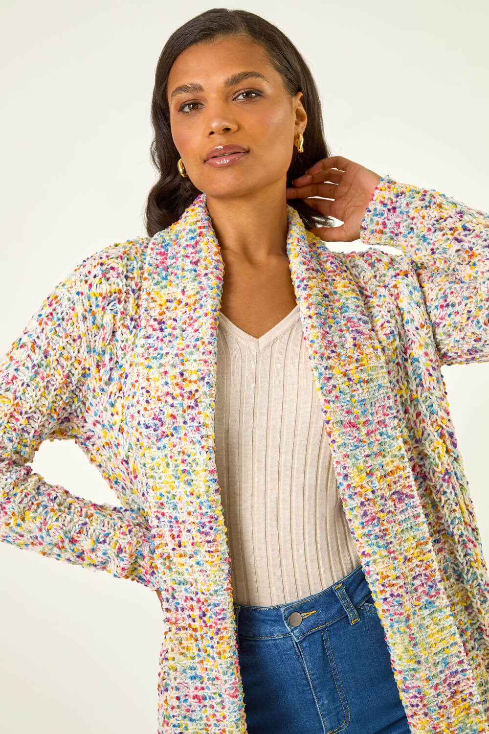 Ivory Soft Knit Nep Longline Cardigan, Image 5 of 5