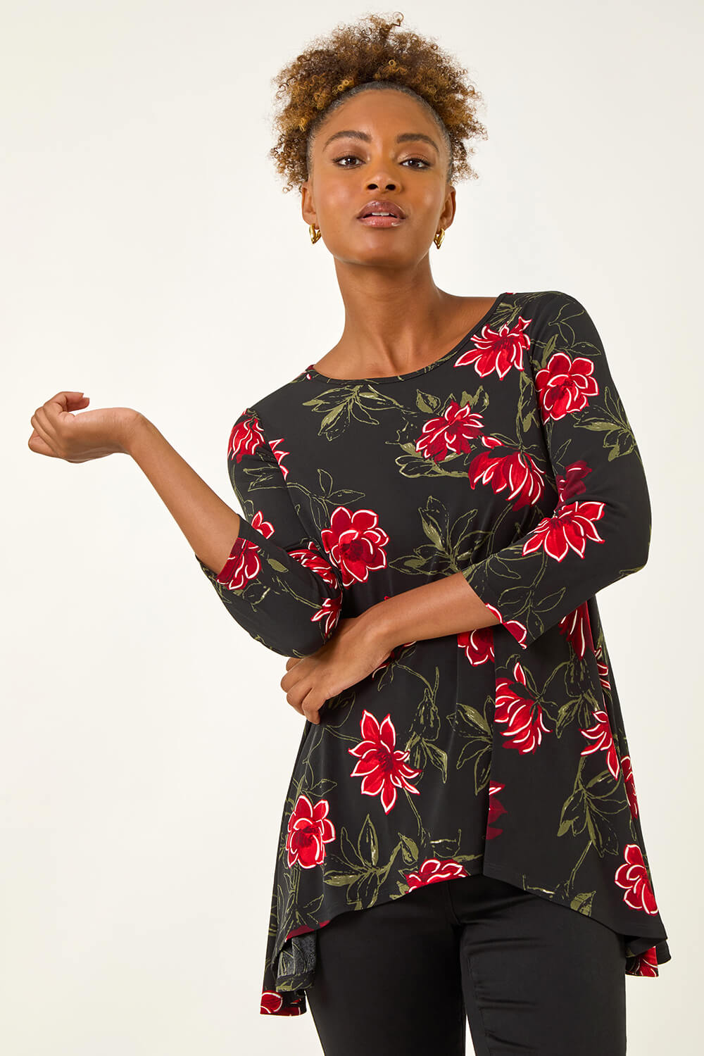 Red Floral Puff Print Tunic Top, Image 5 of 5