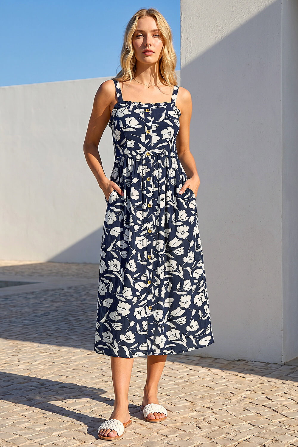 Navy Floral Print Midi Sundress, Image 3 of 4
