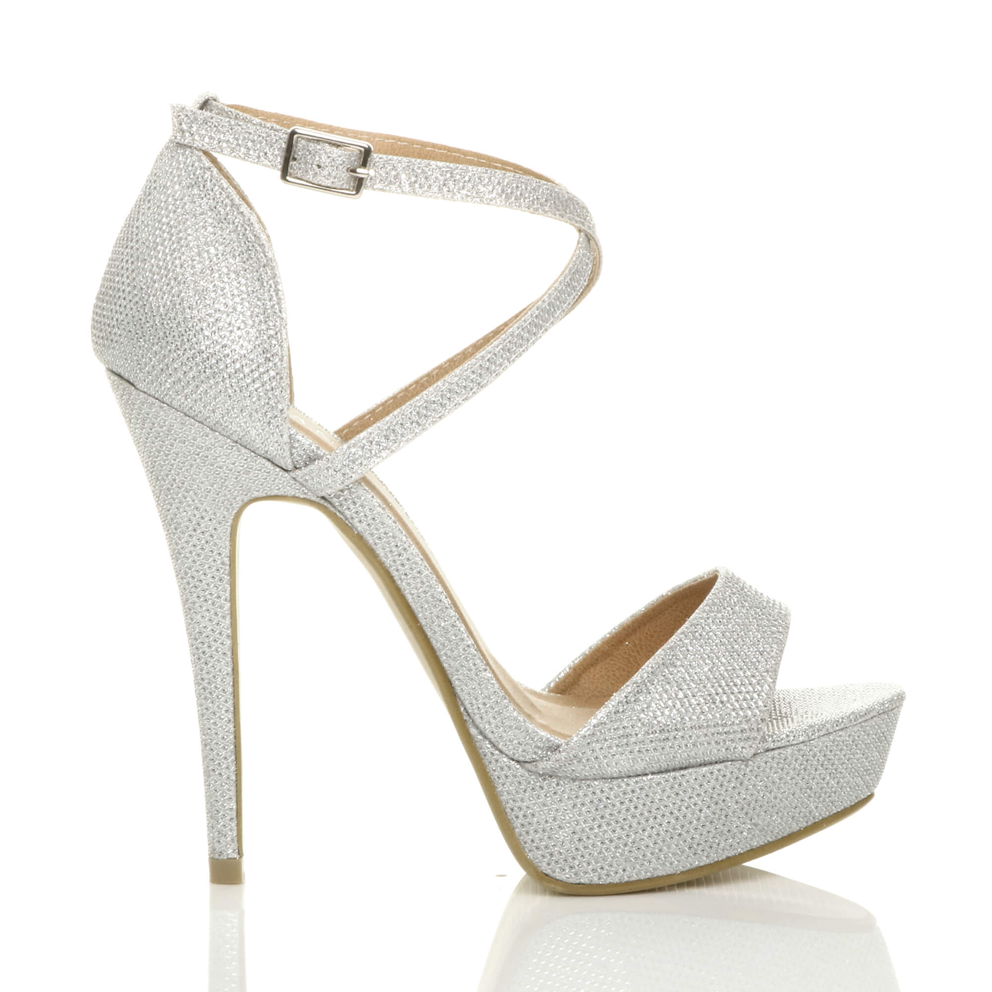 Silver AJVANI Silver High Heel Crossed Straps Platform Sandals, Image 2 of 6