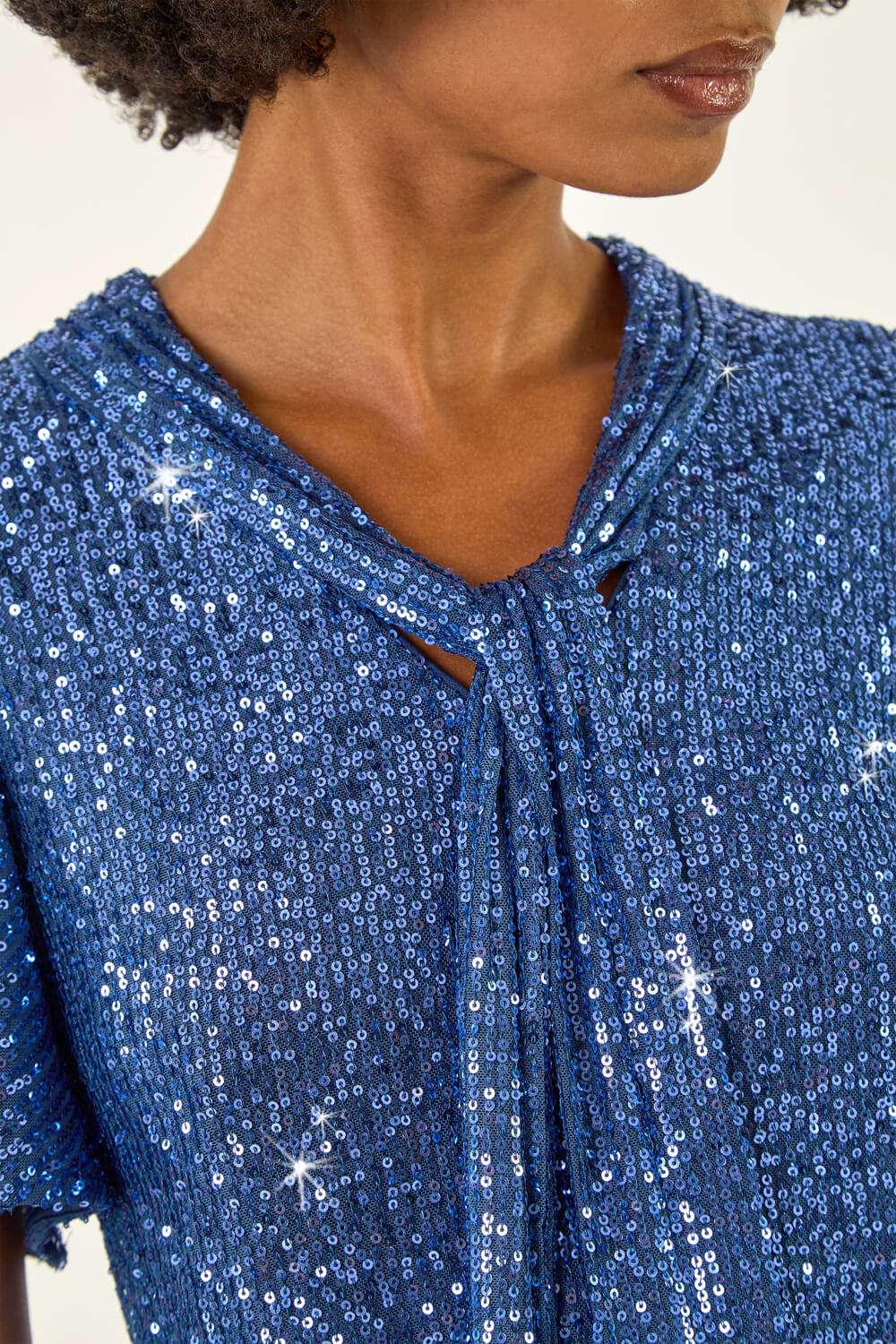 Blue Sequin Tie Neck Top, Image 6 of 5