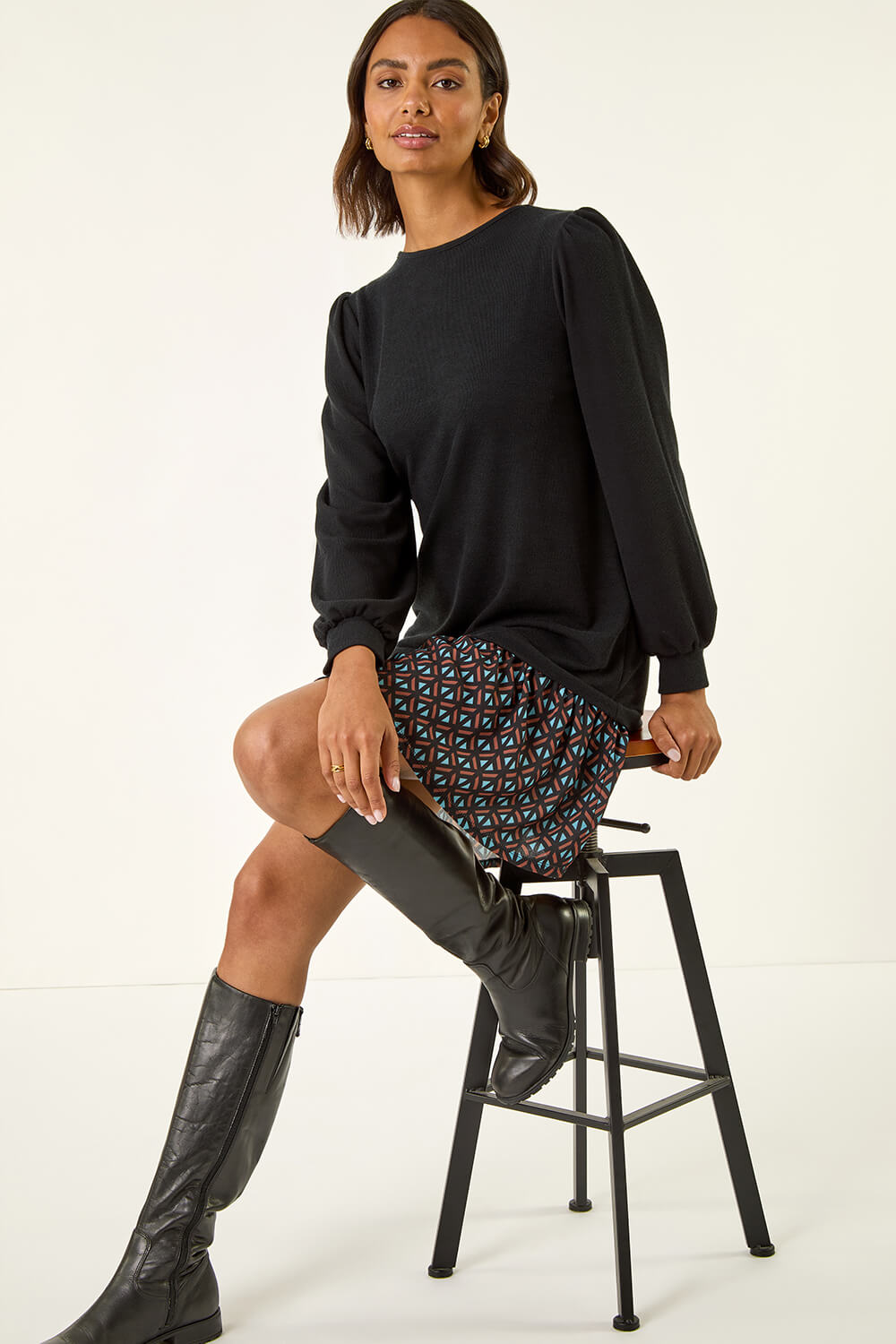 Black Geometric Mix Print Mini Dress, Image 1 of 5