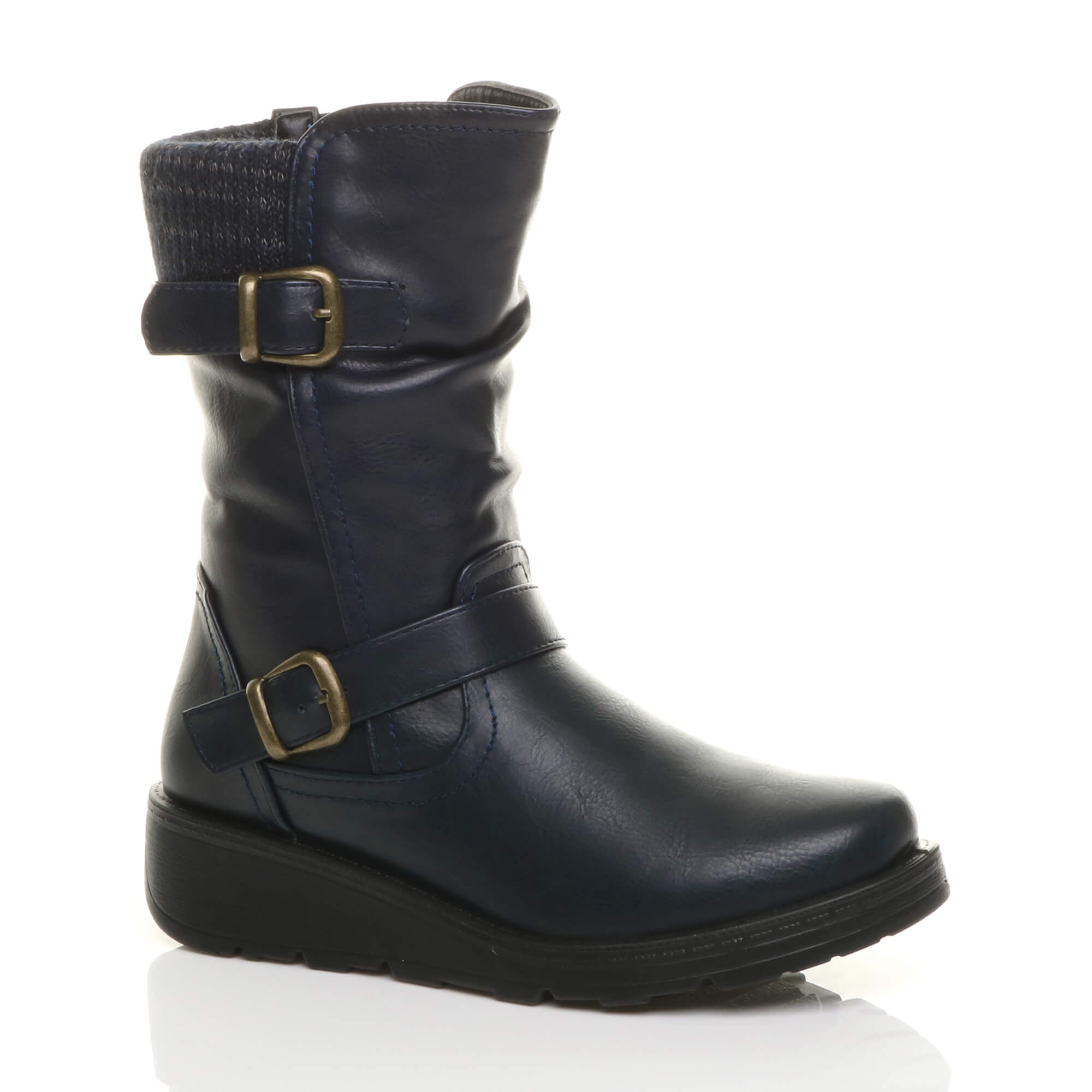 Navy Blue Low Wedge Heel Comfort Calf Biker Boots, Image 1 of 6