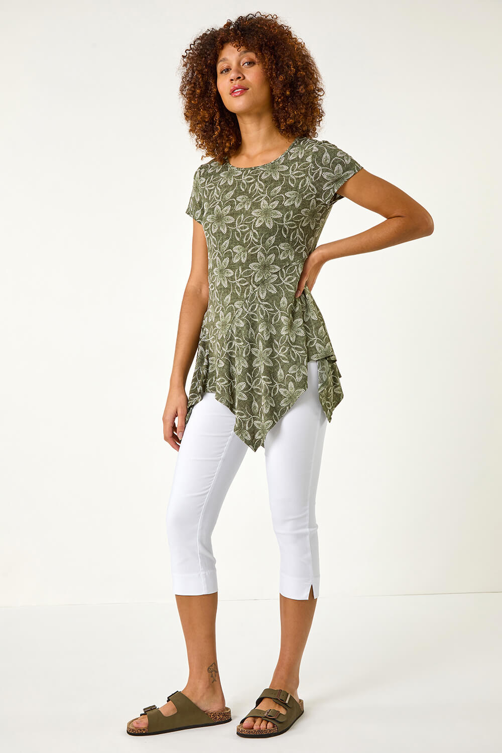 KHAKI Leaf Print Hanky Hem Stretch Top, Image 3 of 5