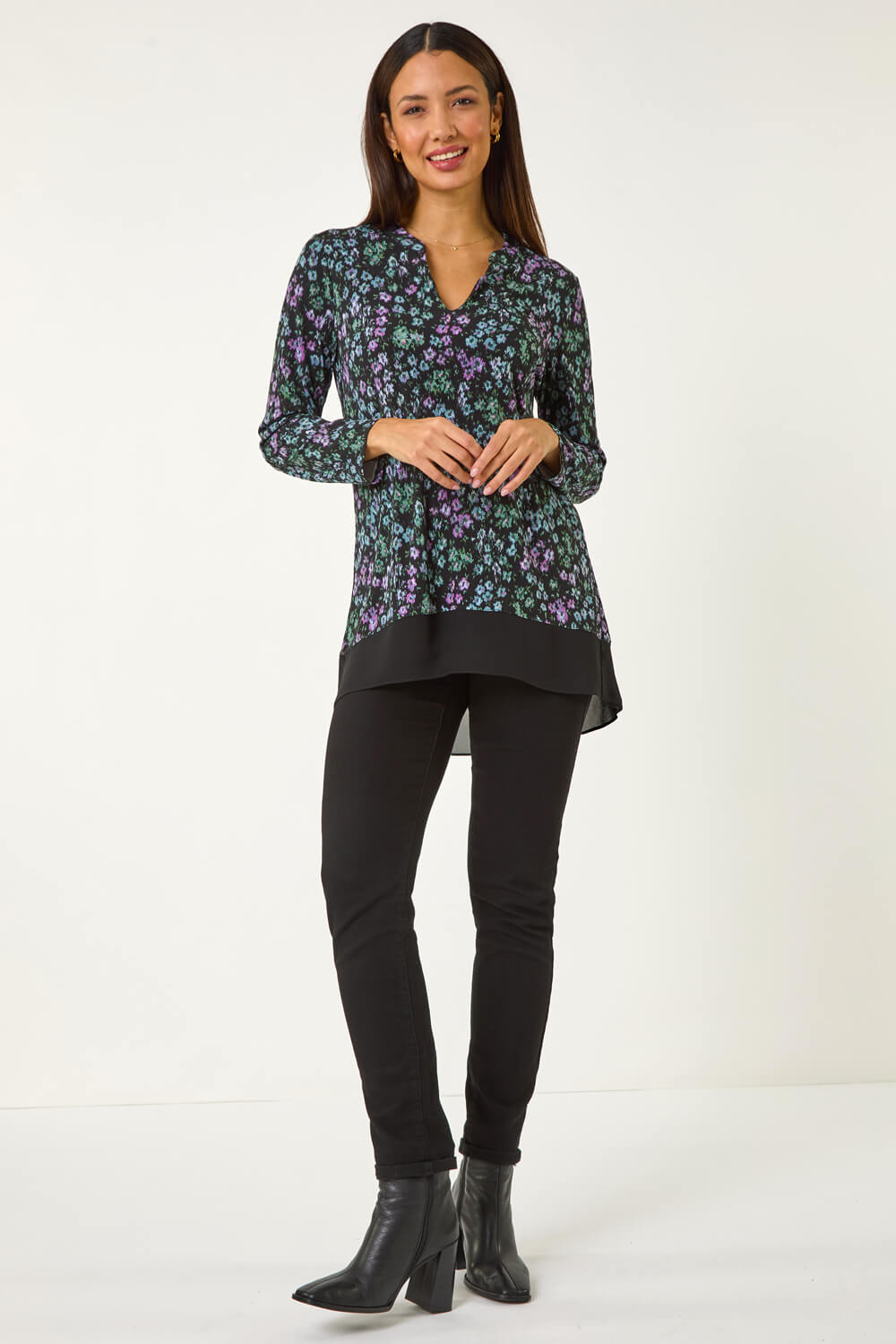 Black Floral Print V-Neck Tunic Top, Image 3 of 5