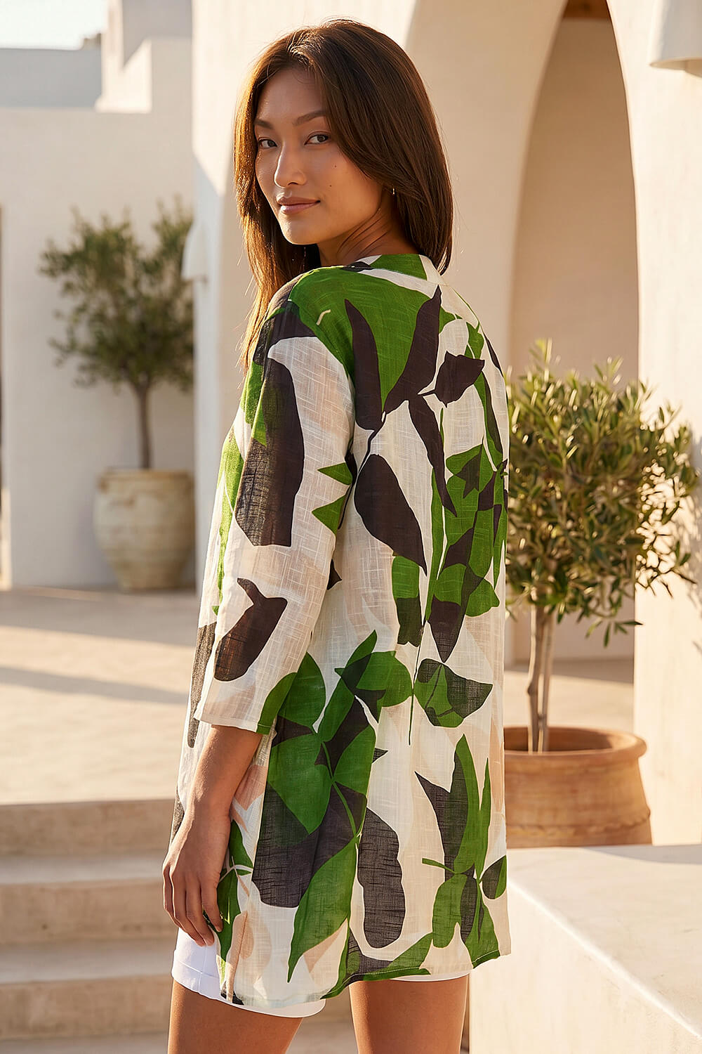 Green Leaf Print Wrap Front Tunic Top, Image 4 of 4