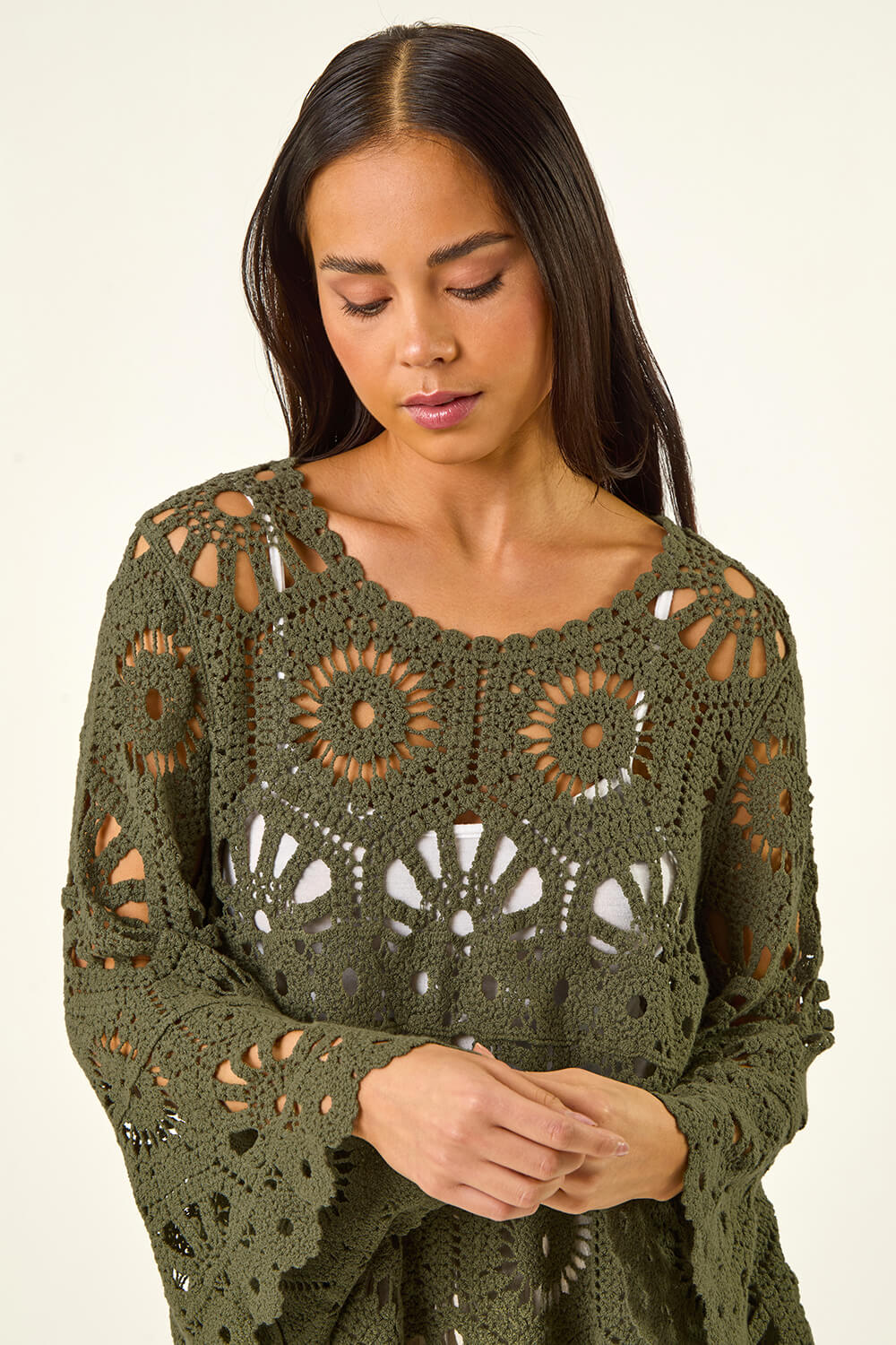 Roman Petite Women's Khaki Crochet Flare Sleeve Top Large