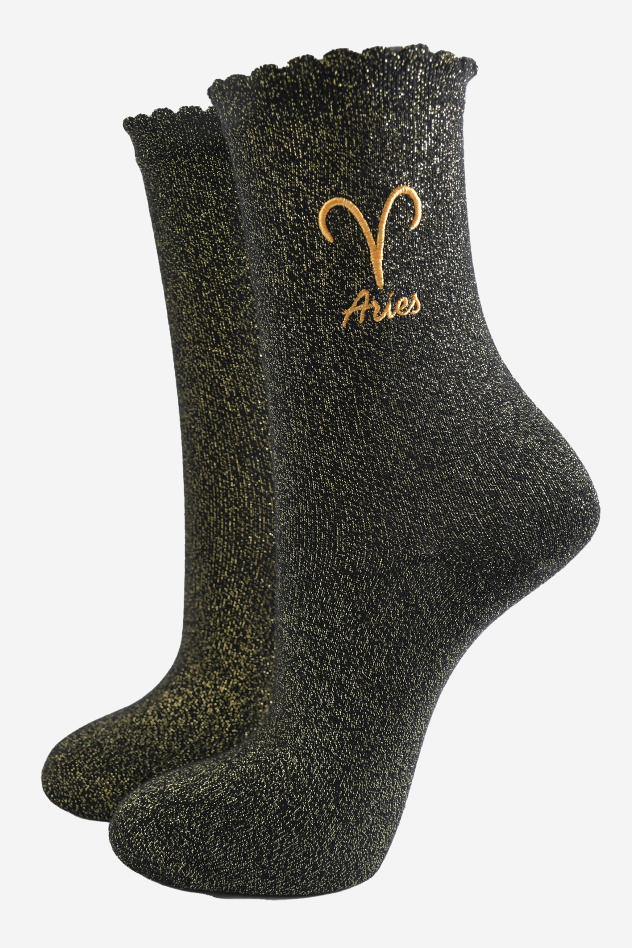 Black Embroiderd Aries Zodiac Glitter Socks, Image 1 of 3