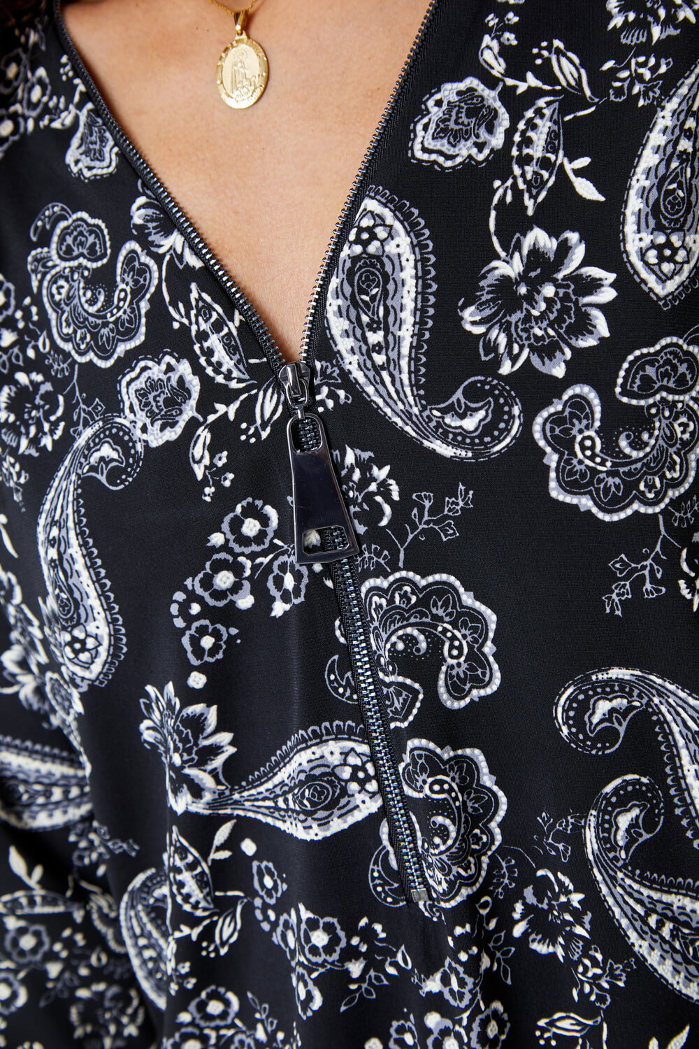 Black Paisley Print Zip Front Top , Image 6 of 5