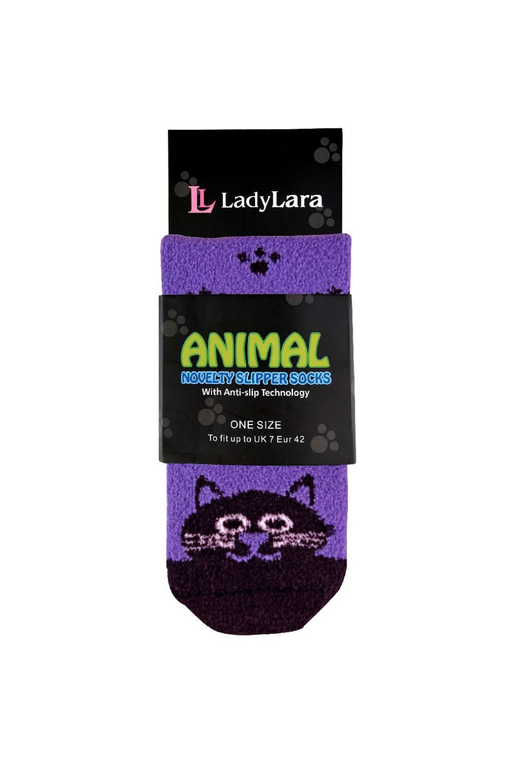 Purple 1 Pack Ladies Fluffy Animal Pattern Slipper Socks with Grips, Image 2 of 3