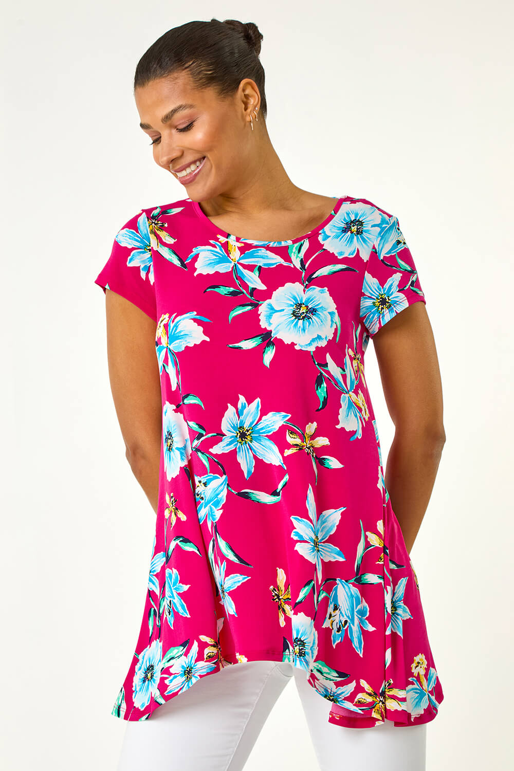 Fuchsia Floral Print Hanky Hem Stretch Tunic Top, Image 3 of 5