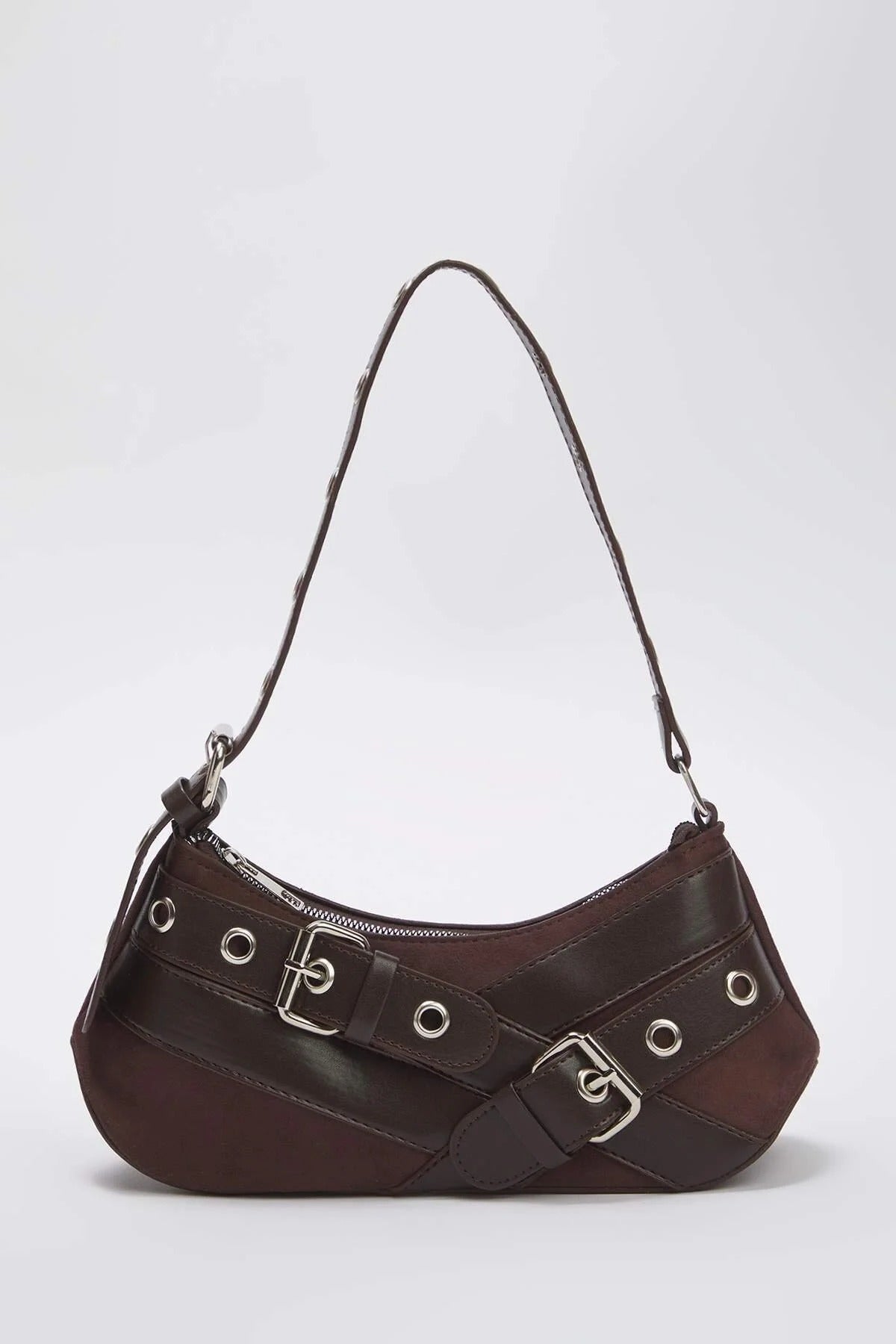 Dark Brown Baguette Shoulder Bag With Belt-Buckle Hardware, Image 1 of 3