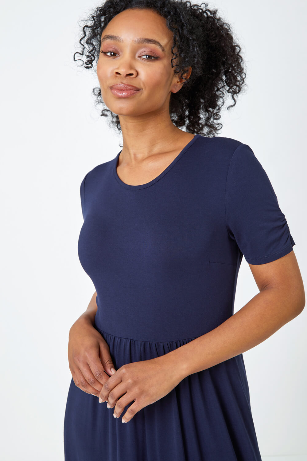 Navy Petite Gathered Waist Midi Stretch Dress, Image 5 of 5