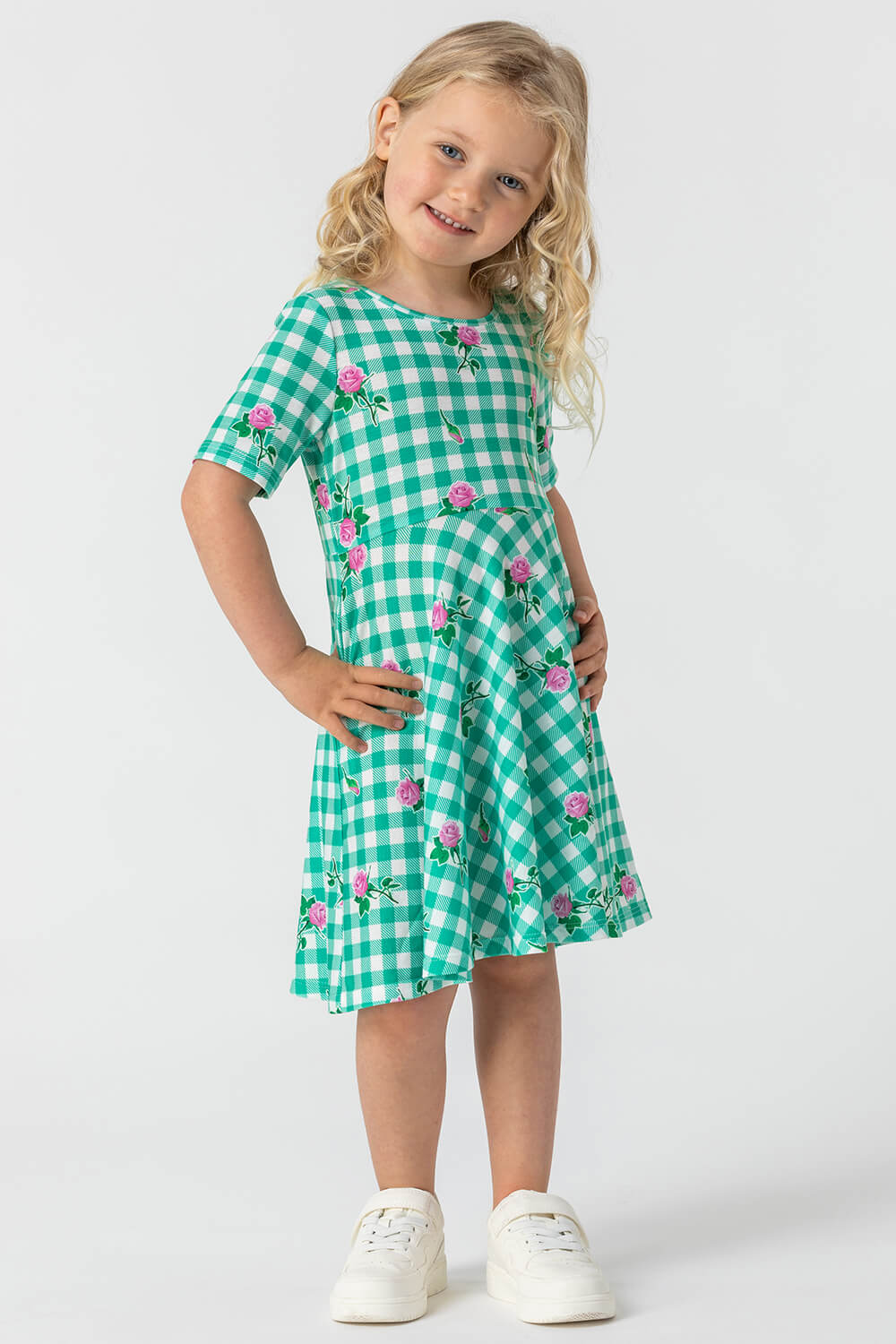 Girls Floral Check Print Skater Dress in Green - Roman Originals UK
