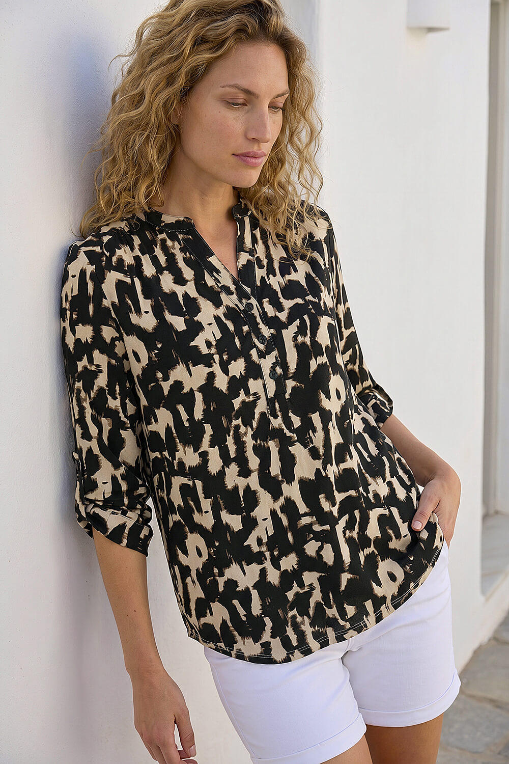 Natural Abstract Ikat Print Shirt, Image 3 of 4