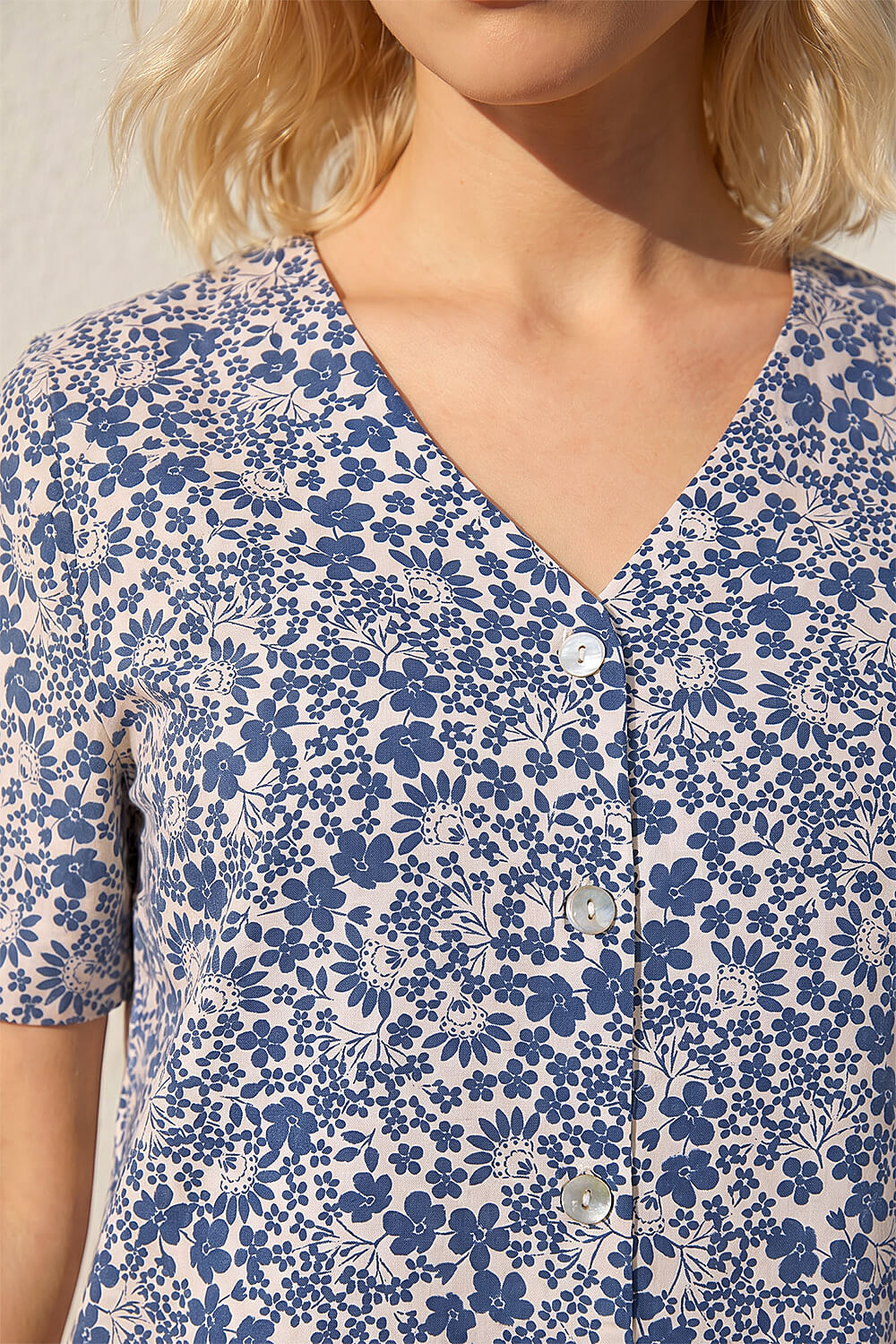 Blue Petite Floral Print Button Up Blouse, Image 5 of 4