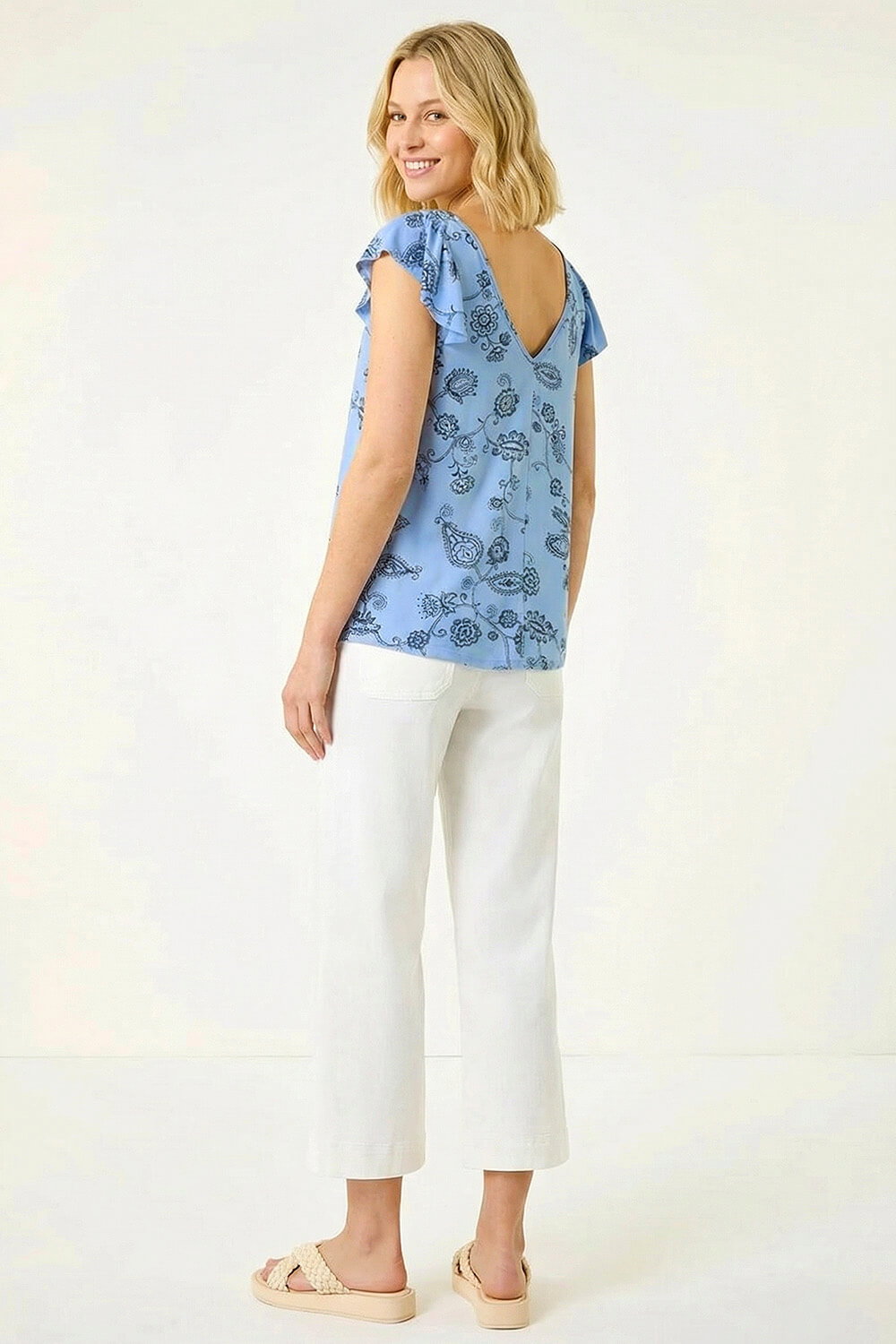 Blue Floral Frill Shoulder Vest Top, Image 4 of 5