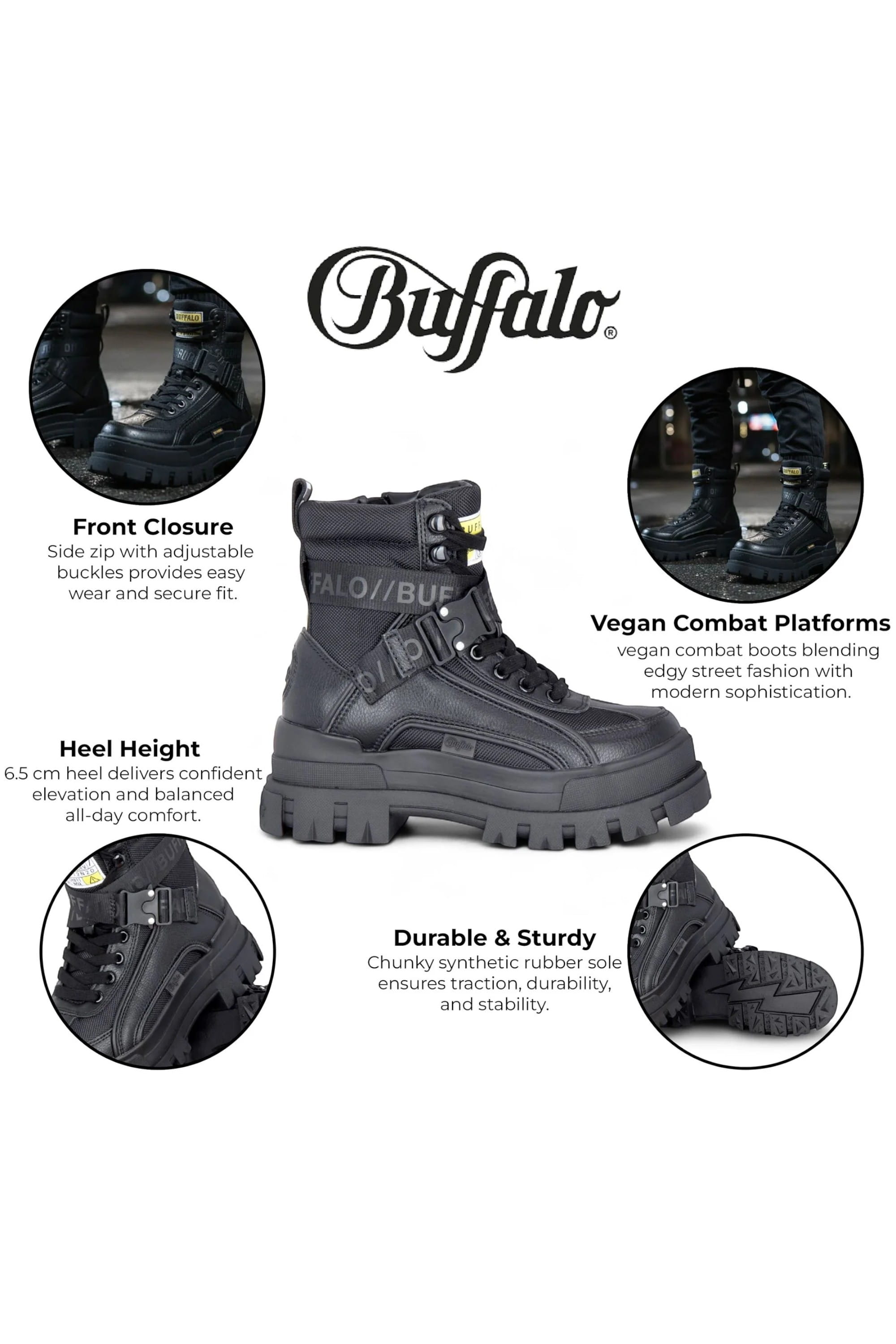 Black Womens Combat High Ankle Boots-ASPHA-COM, Image 3 of 7
