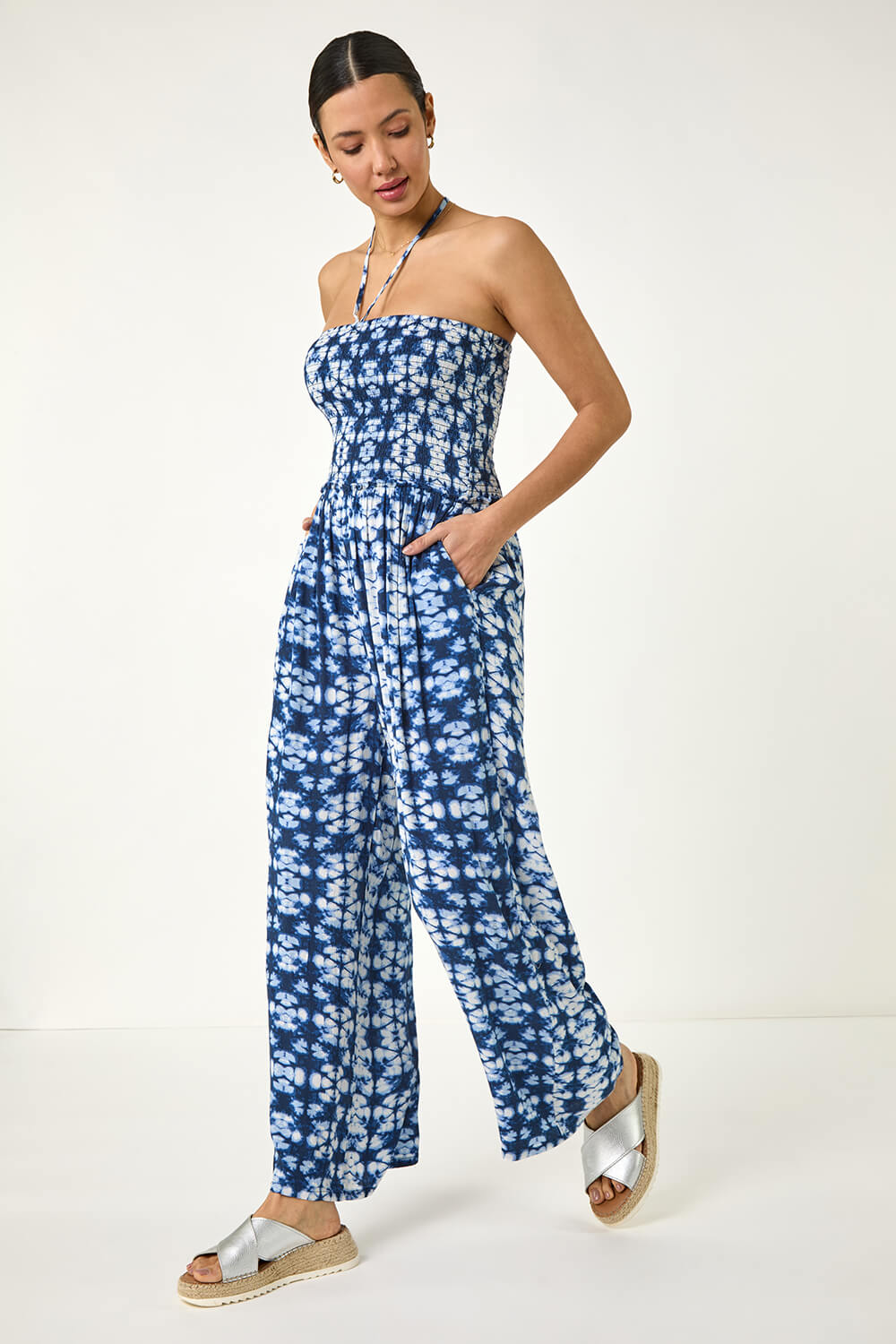 Navy Abstract Shirred Bardot Jumpsuit, Image 3 of 5