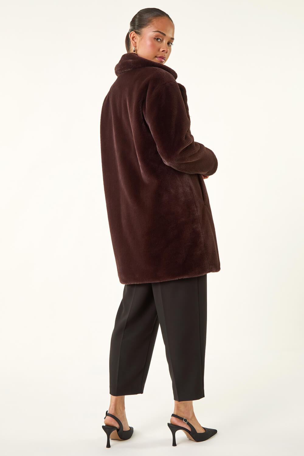 Chocolate Petite Longline Faux Fur Coat, Image 4 of 5