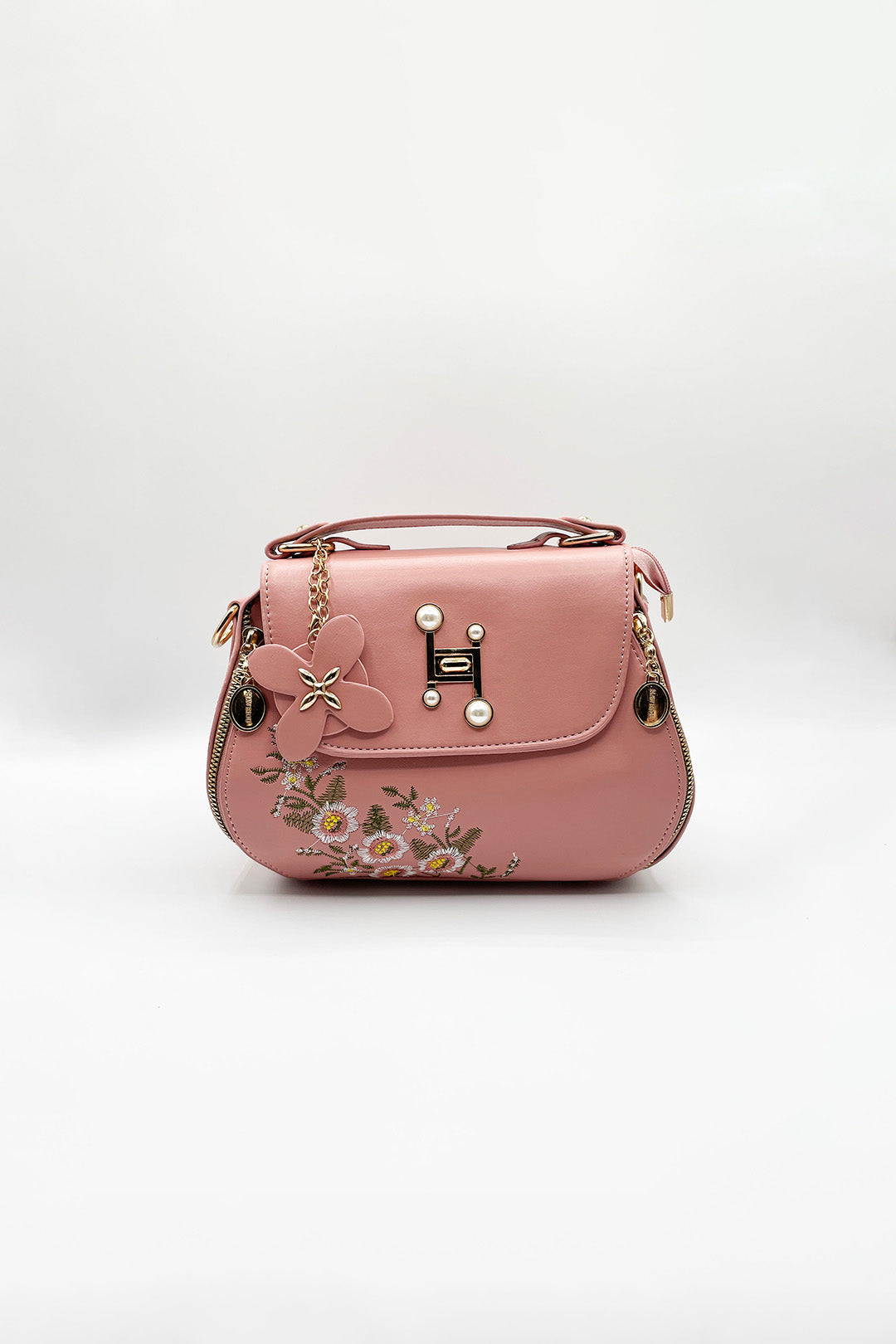Pink Embroidered Shoulder Bag With Zip Charms, Image 3 of 5