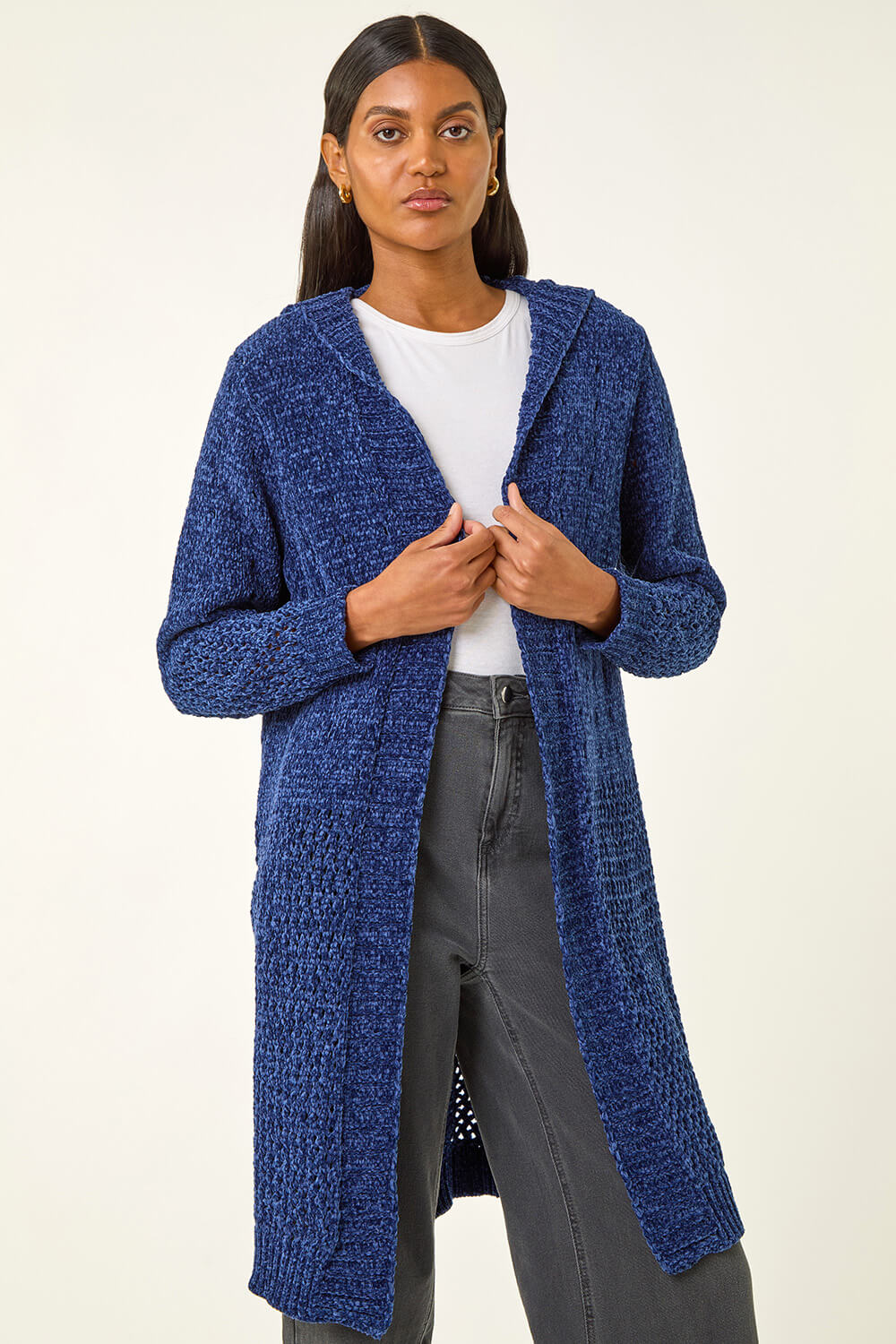 Midnight Blue Soft Chenille Hooded Cardigan, Image 3 of 5