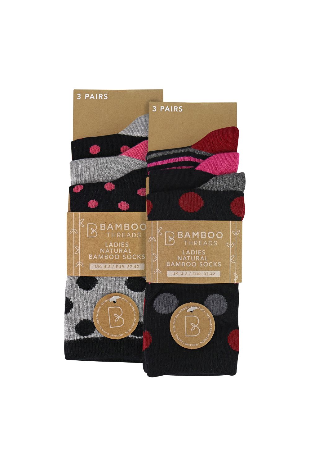 Pink 6 Pack Ladies Bamboo Socks Soft Breathable Patterned Everyday Socks, Image 2 of 3