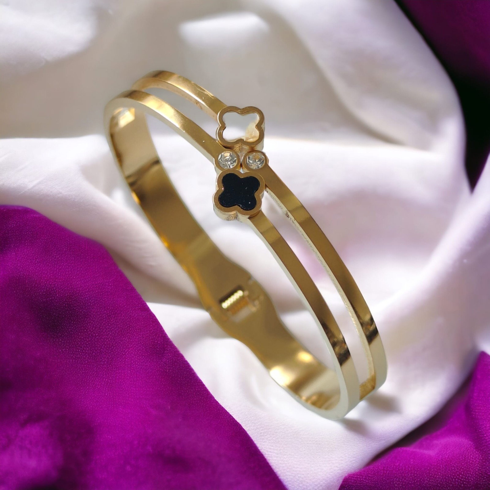 Gold Two Clover Leaf Single Zircon Floral Irish Design Wrist Bangle Bracelet, Image 2 of 2