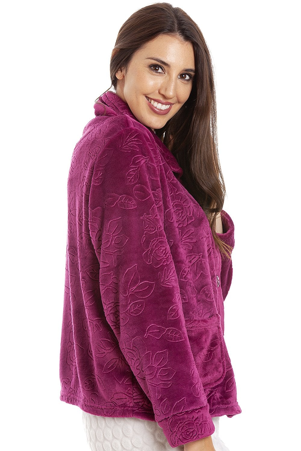 Burgundy Camille Lingerie Burgundy Button Up Rose Embossed Bed Jacket, Image 3 of 5